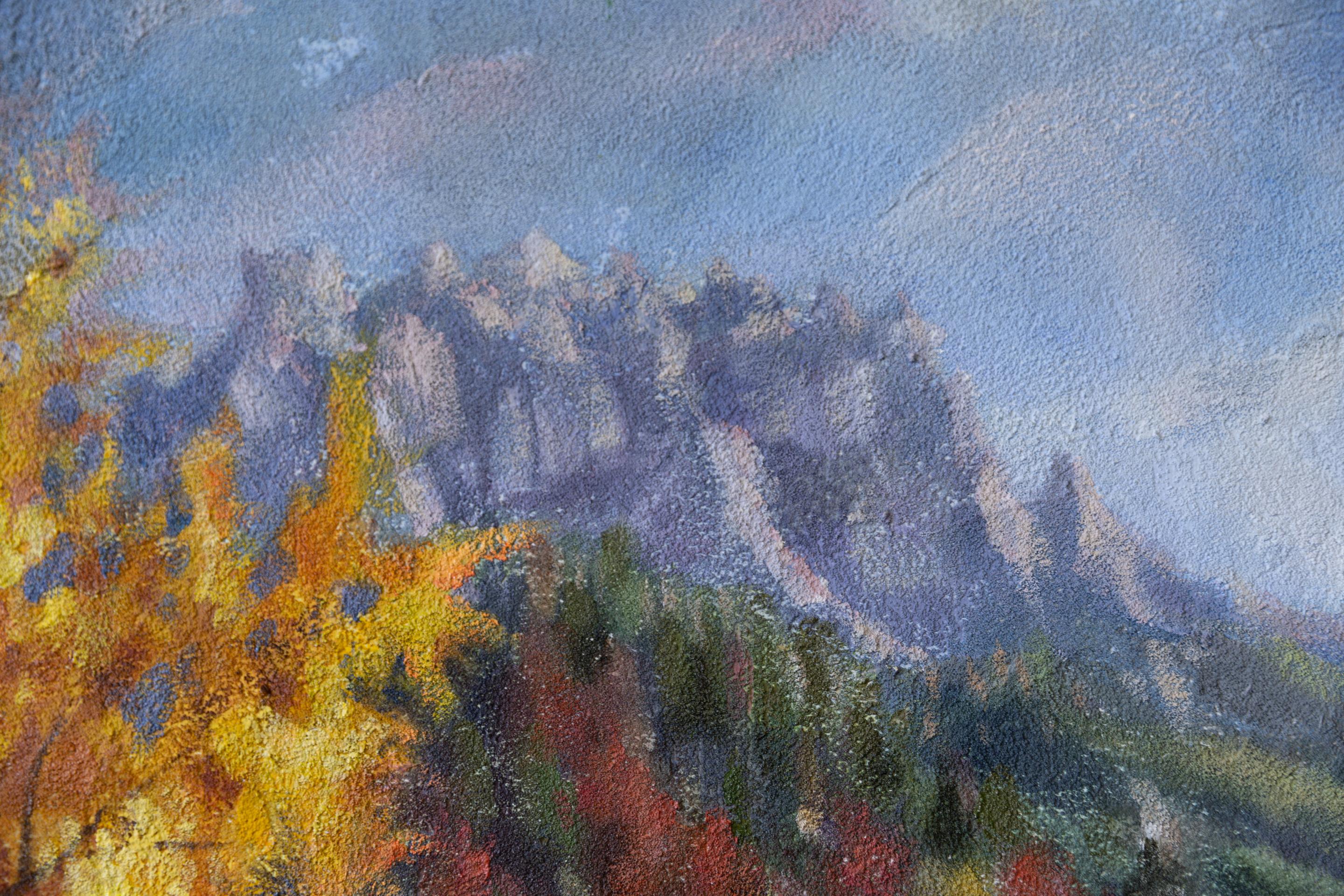 Golden Autumn. Landscape, acrylic, impressionism, horizontal, mountains For Sale 3