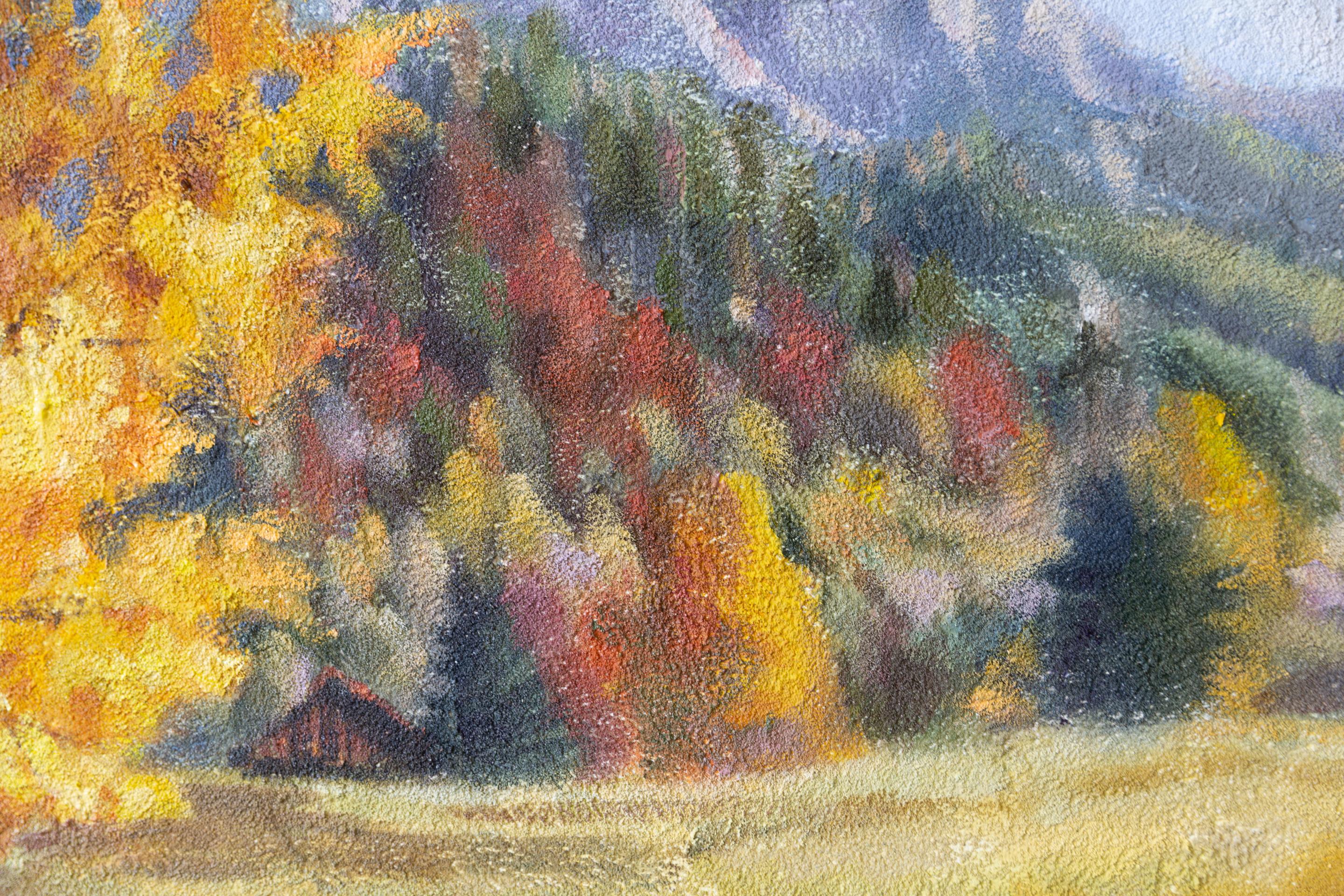 Golden Autumn. Landscape, acrylic, impressionism, horizontal, mountains For Sale 4