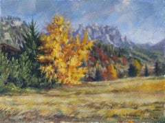 Automne doré. Paysage, acrylique, impressionnisme, horizontal, montagnes
