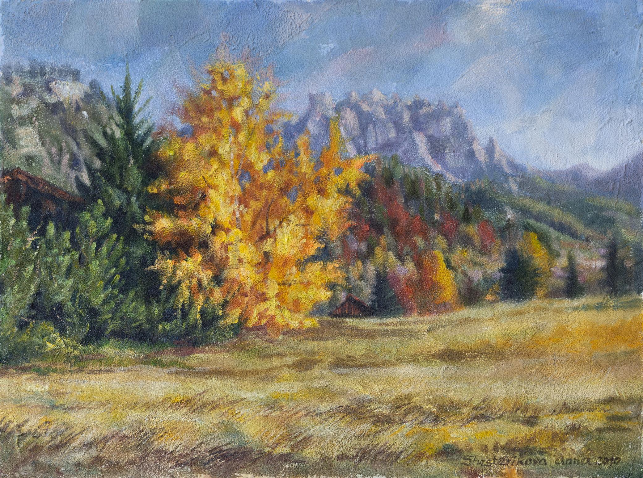 Anna Shesterikova Landscape Painting – Goldener Herbst. Landschaft, Acryl, Impressionismus, horizontal, Berge