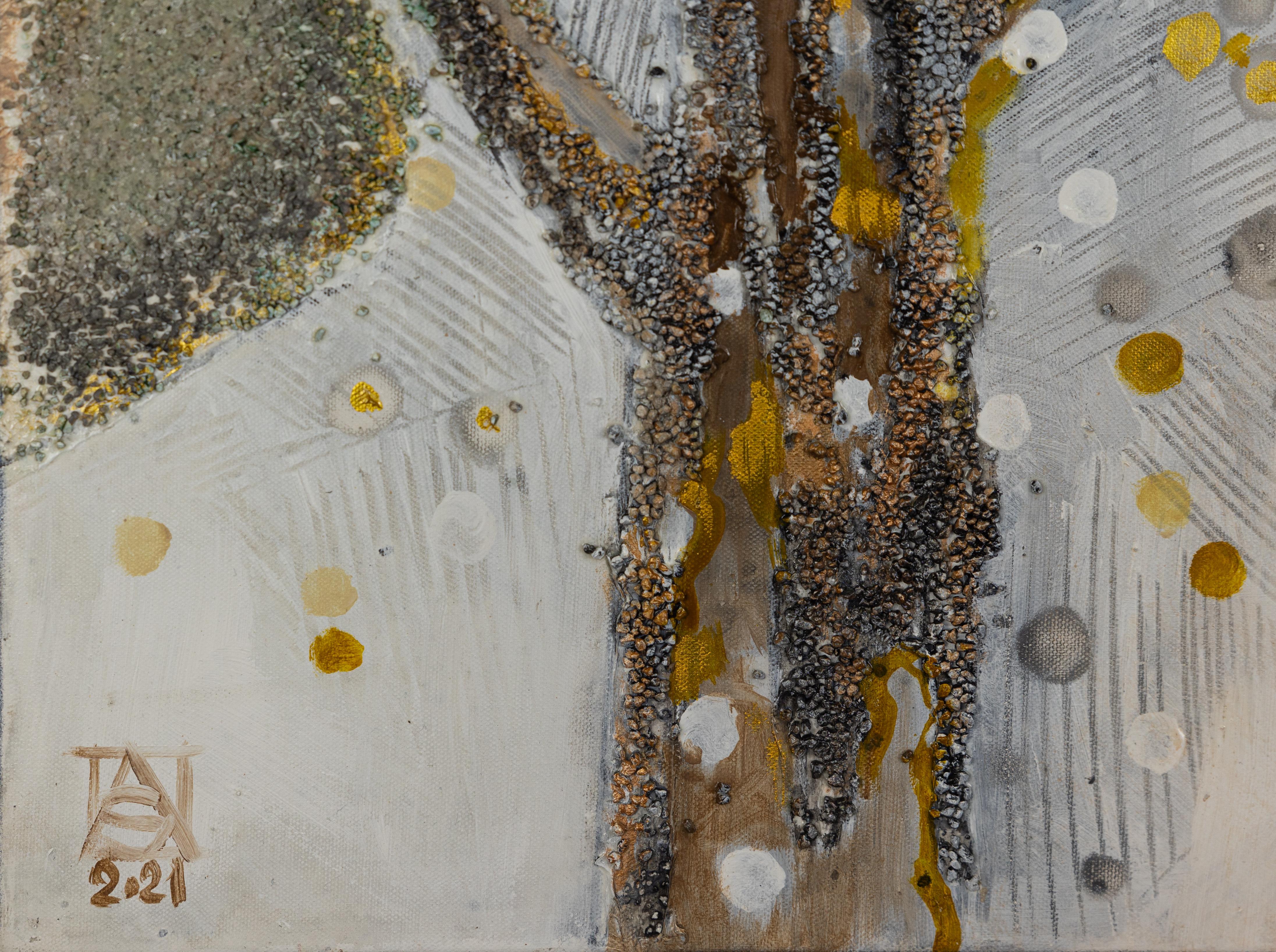 Goldener Vogel. Semi-abstraktisch, horizontal, für modernes Interieur, Grau, Gold, Vogel (Braun), Figurative Painting, von Anna Shesterikova