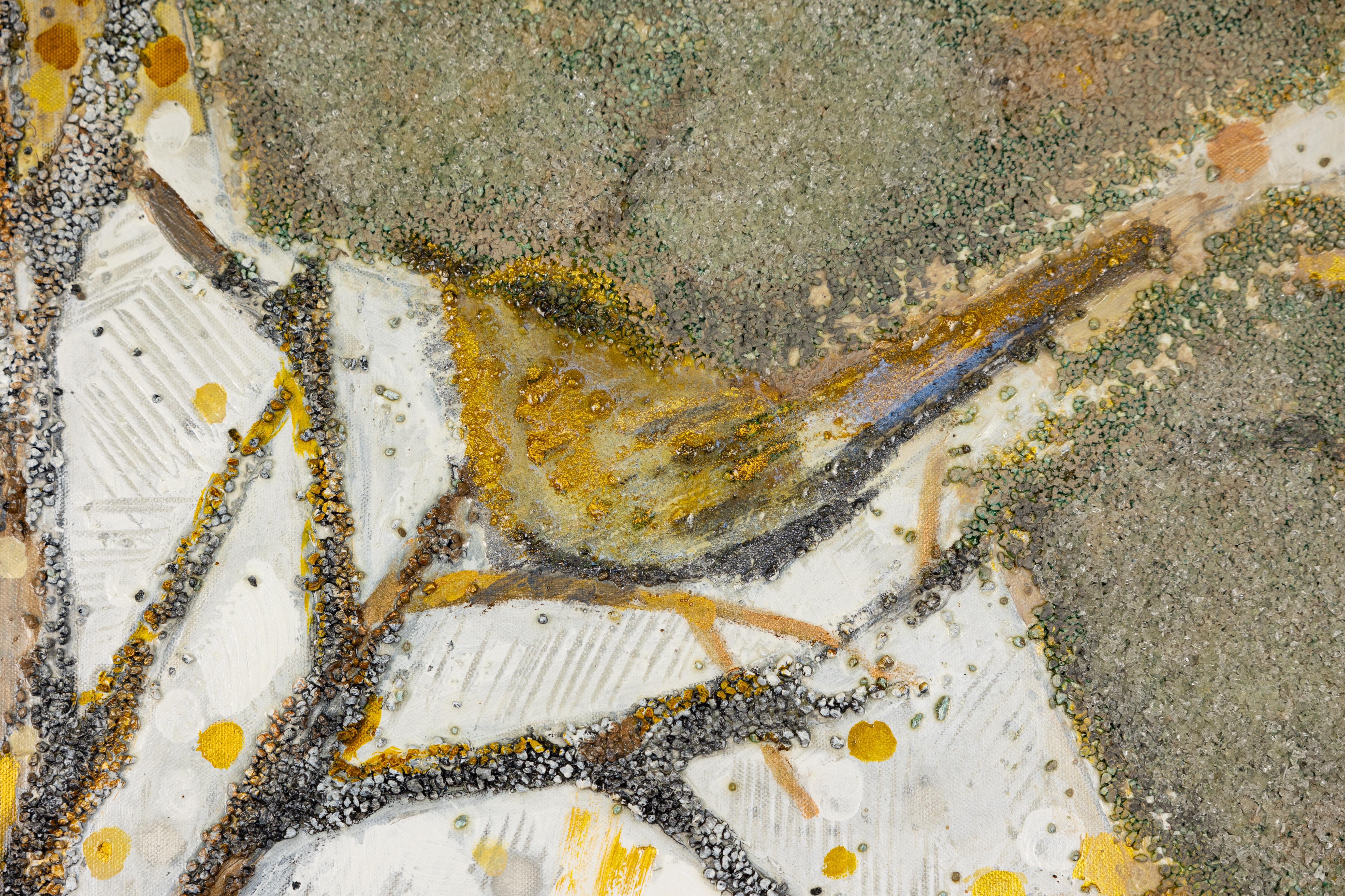 Goldener Vogel. Semi-abstraktisch, horizontal, für modernes Interieur, Grau, Gold, Vogel im Angebot 2