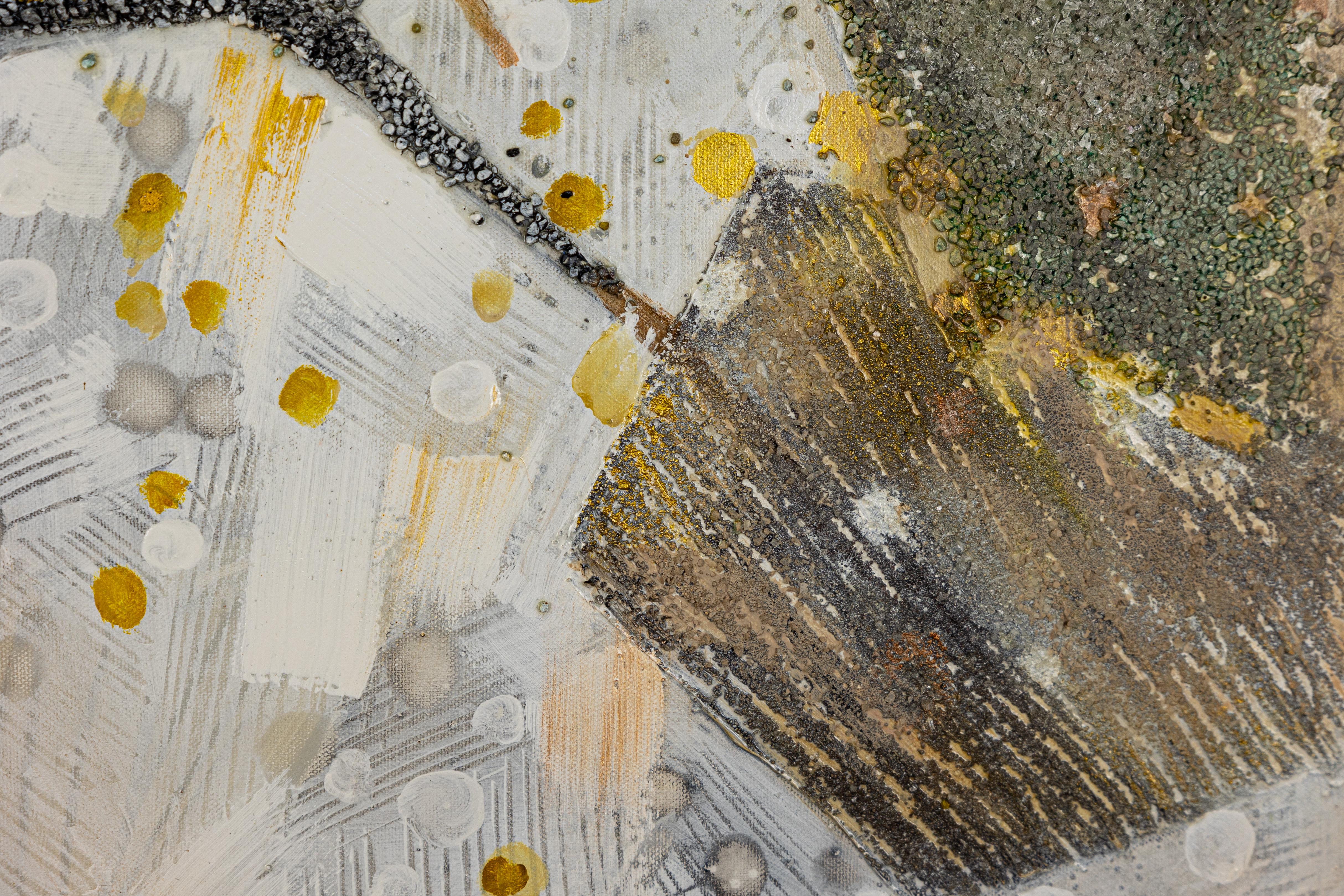 Goldener Vogel. Semi-abstraktisch, horizontal, für modernes Interieur, Grau, Gold, Vogel im Angebot 3