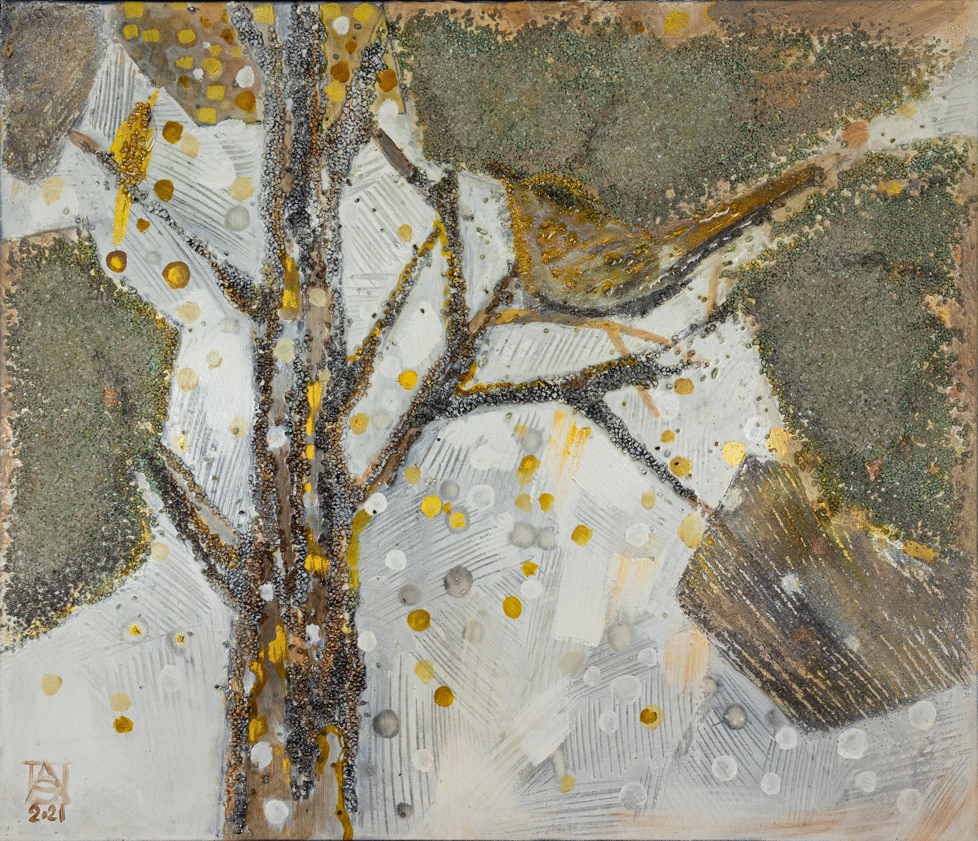 Goldener Vogel. Semi-abstraktisch, horizontal, für modernes Interieur, Grau, Gold, Vogel