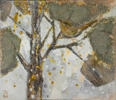 Pájaro de Oro. Semi-abstracto, horizontal, para interior moderno, gris, dorado, pájaro
