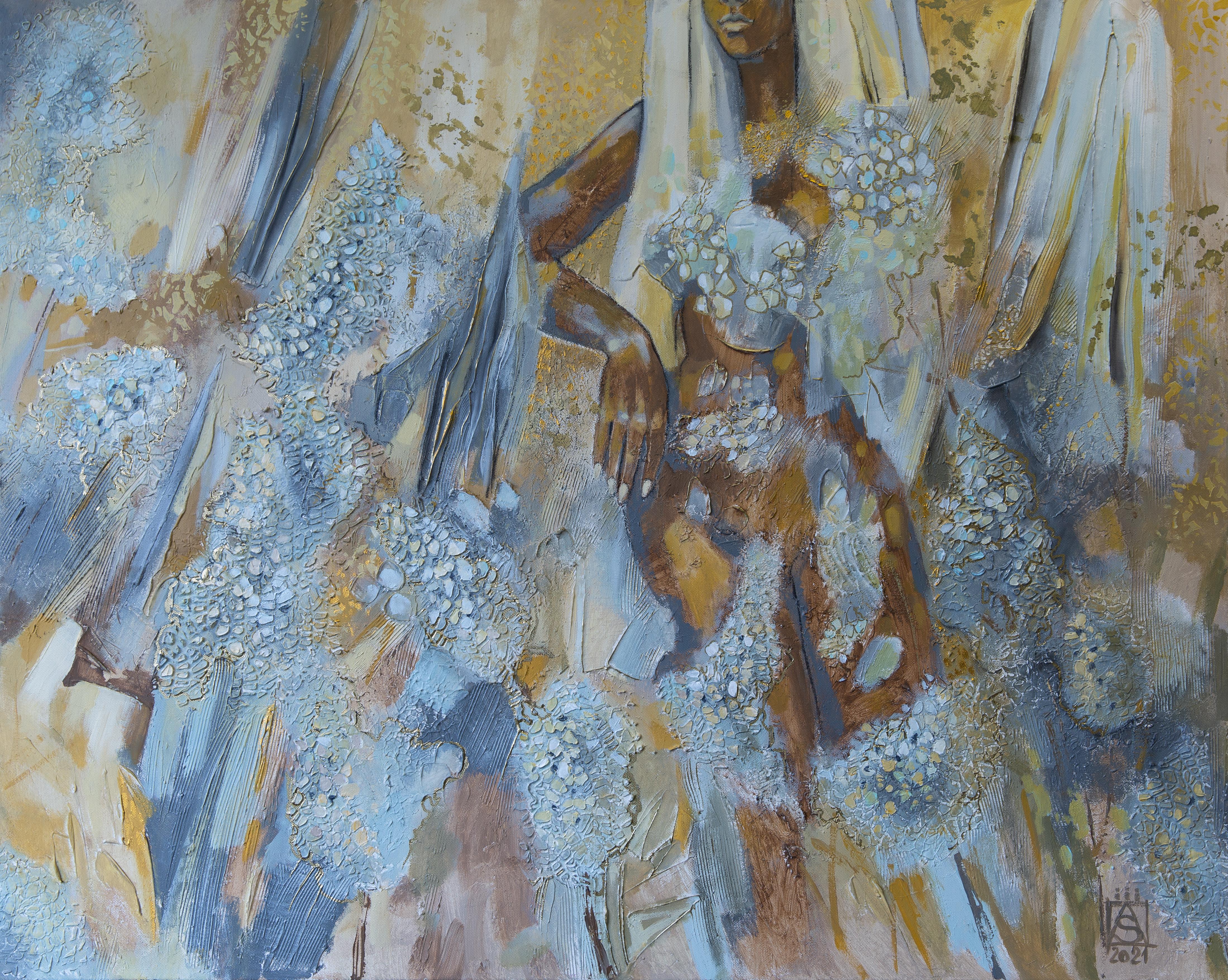 Anna Shesterikova Abstract Painting - Golden Chrysanthemum. Nude, Japandi, romantic, Shabby Chic, Contemporary