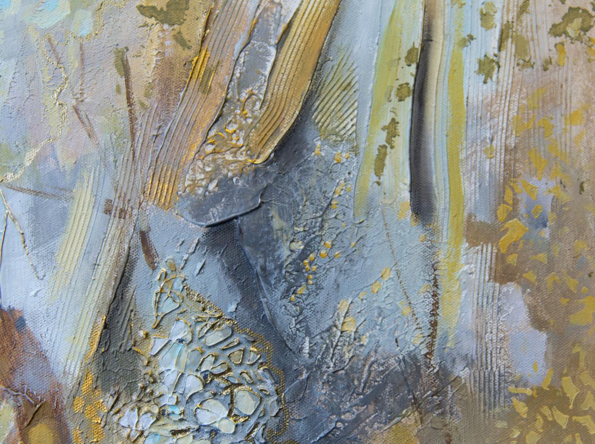 Golden Chrysanthemum. Semi-abstract, large format, horizontal, grey, mod For Sale 8