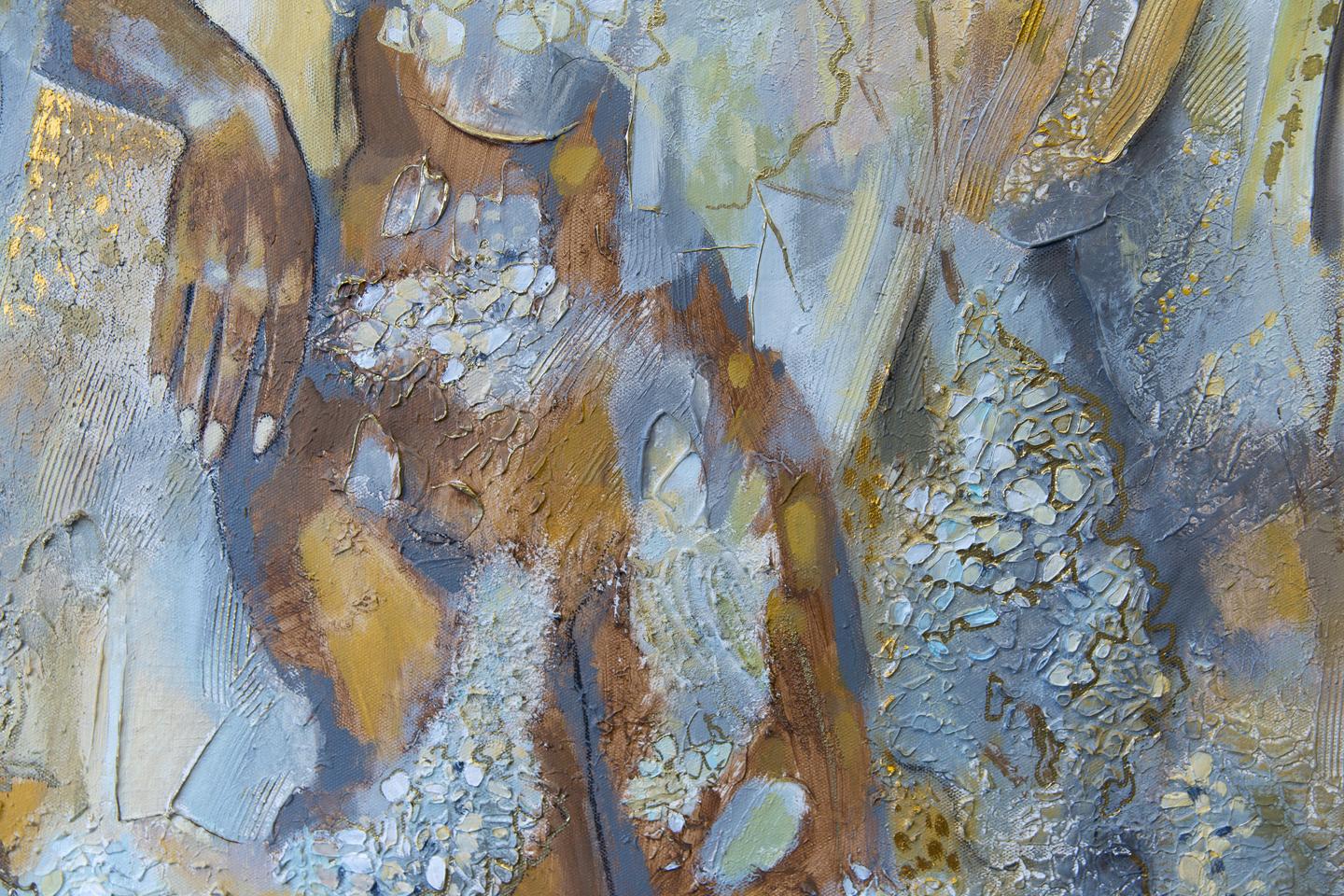 Golden Chrysanthemum. Semi-abstract, large format, horizontal, grey, mod For Sale 9