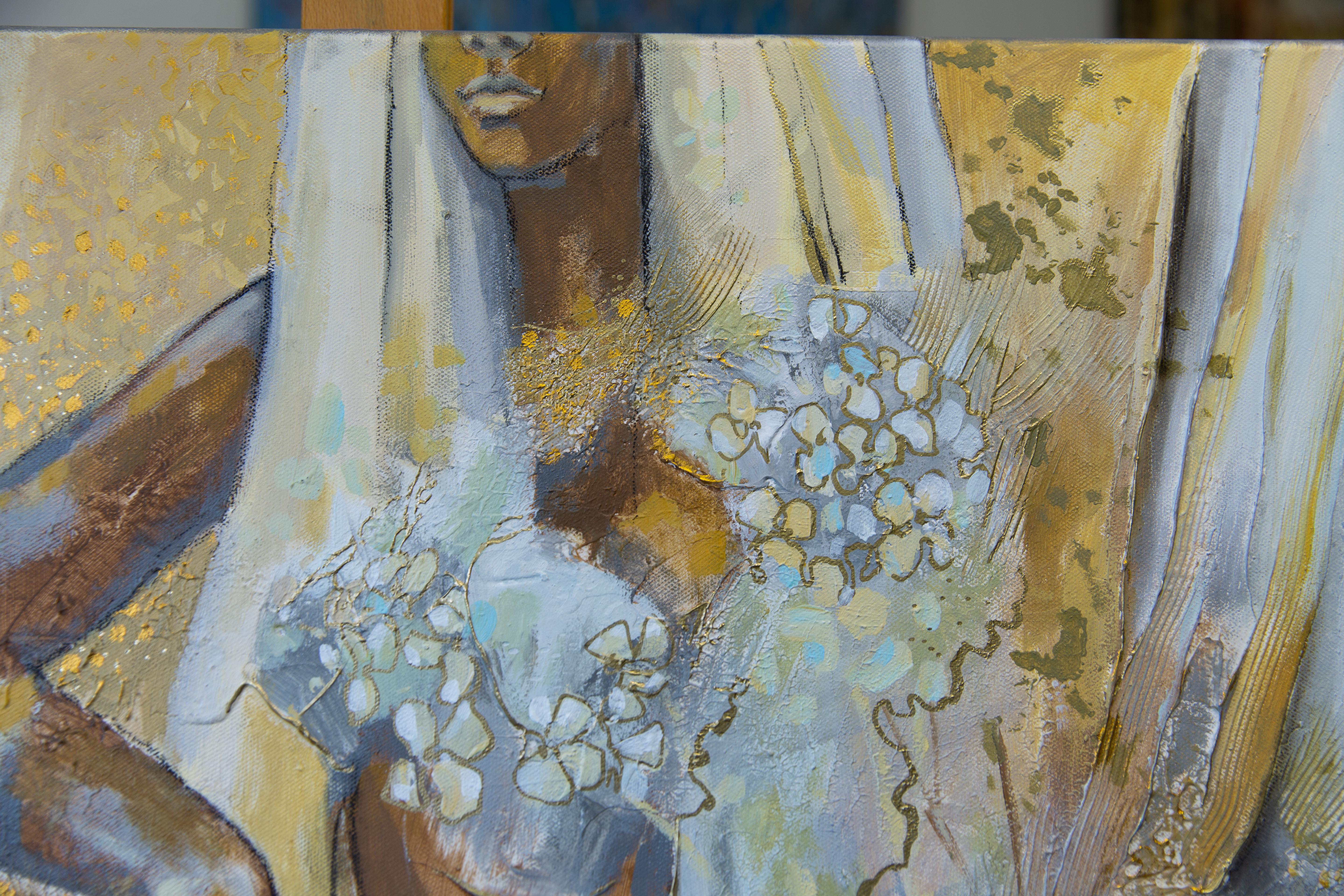 Golden Chrysanthemum. Semi-abstract, large format, horizontal, grey, mod - Painting by Anna Shesterikova