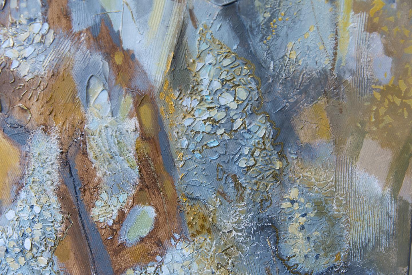 Golden Chrysanthemum. Semi-abstract, large format, horizontal, grey, mod For Sale 1