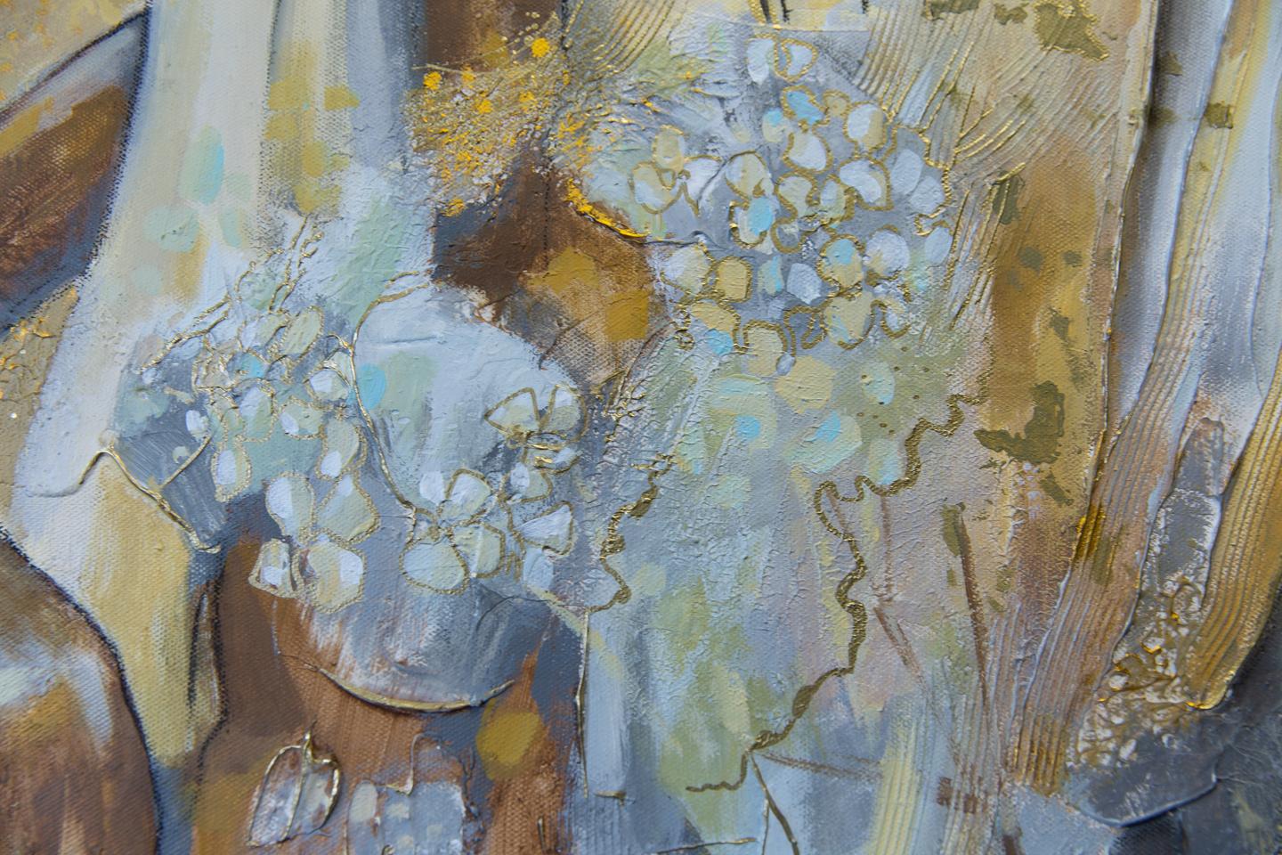 Golden Chrysanthemum. Semi-abstract, large format, horizontal, grey, mod For Sale 2
