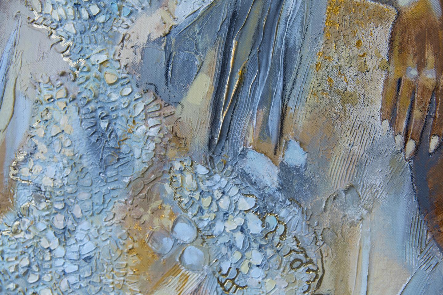 Golden Chrysanthemum. Semi-abstract, large format, horizontal, grey, mod For Sale 4