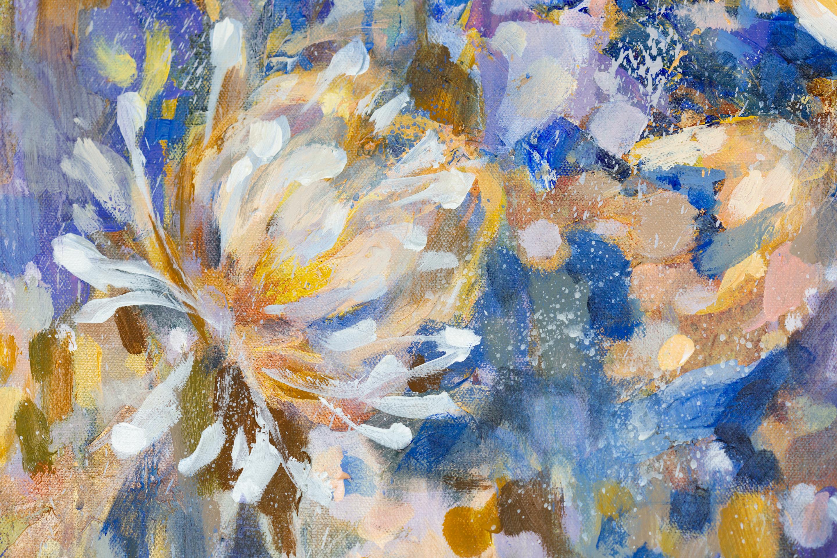 Goldene Chrysanthemen. Blumen, horizontal, großformatig, blau, halb-abstrakt im Angebot 5