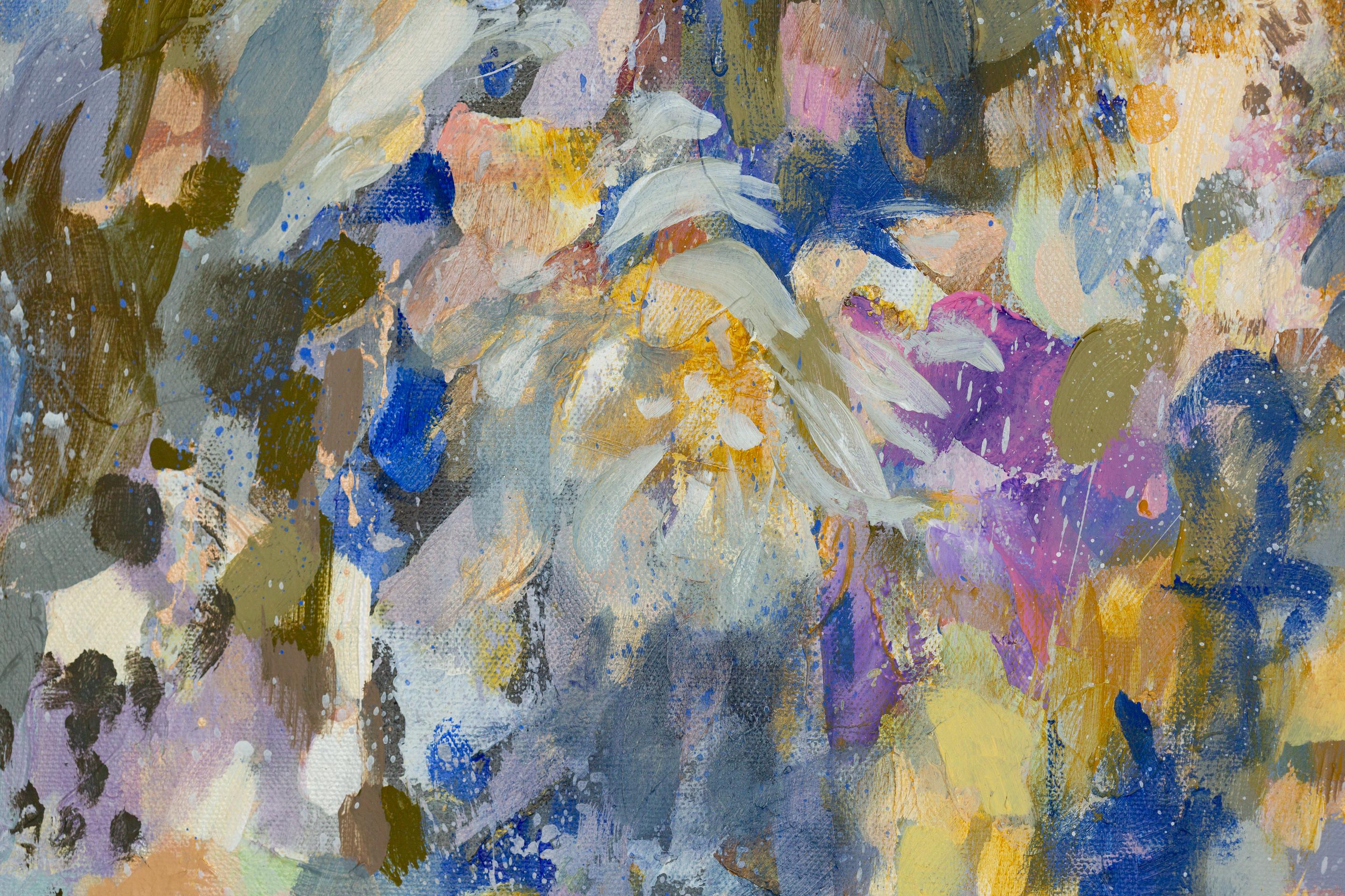 Goldene Chrysanthemen. Blumen, horizontal, großformatig, blau, halb-abstrakt im Angebot 7