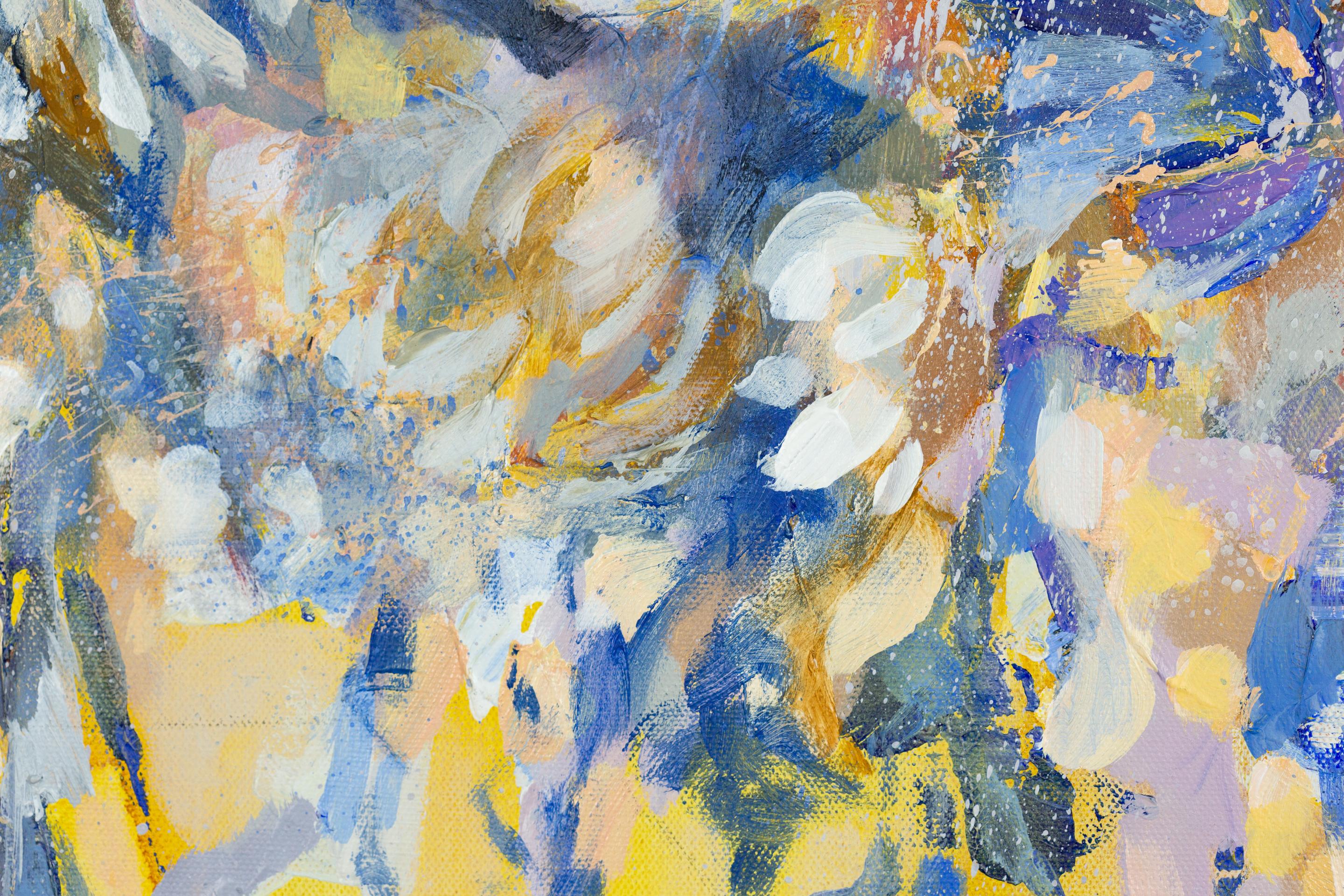 Goldene Chrysanthemen. Blumen, horizontal, großformatig, blau, halb-abstrakt im Angebot 9
