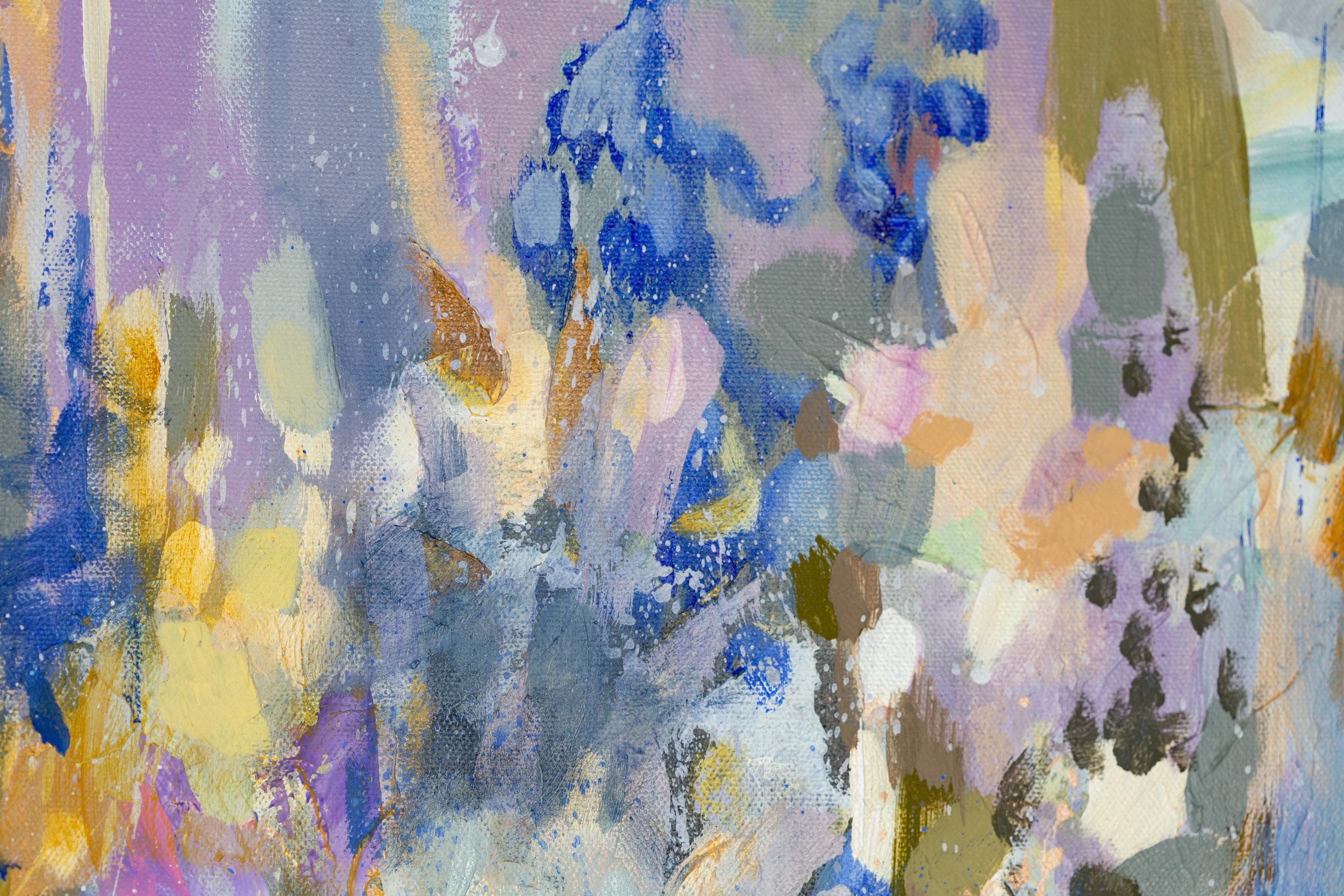 Goldene Chrysanthemen. Blumen, horizontal, großformatig, blau, halb-abstrakt im Angebot 10