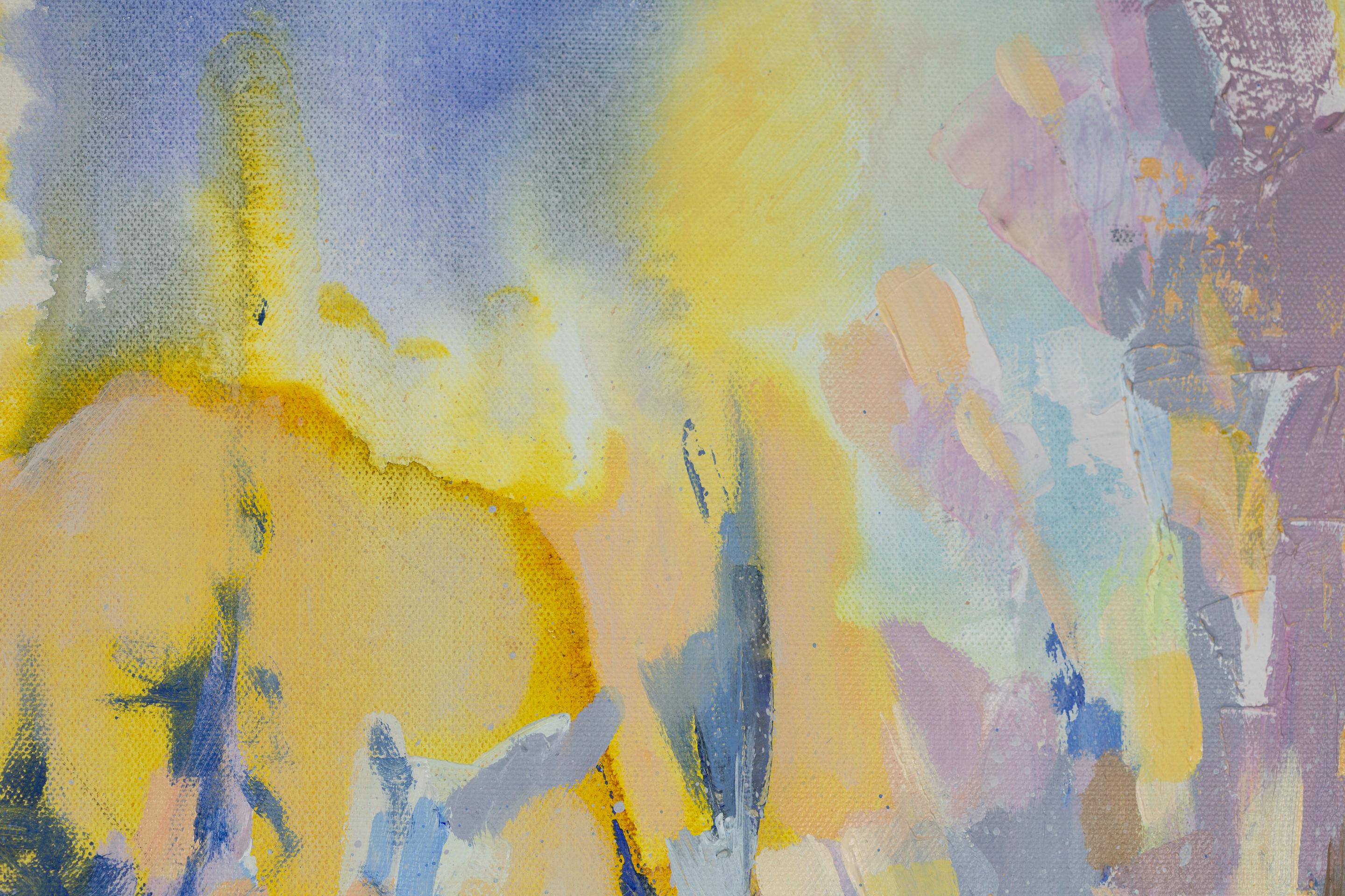 Goldene Chrysanthemen. Blumen, horizontal, großformatig, blau, halb-abstrakt im Angebot 12