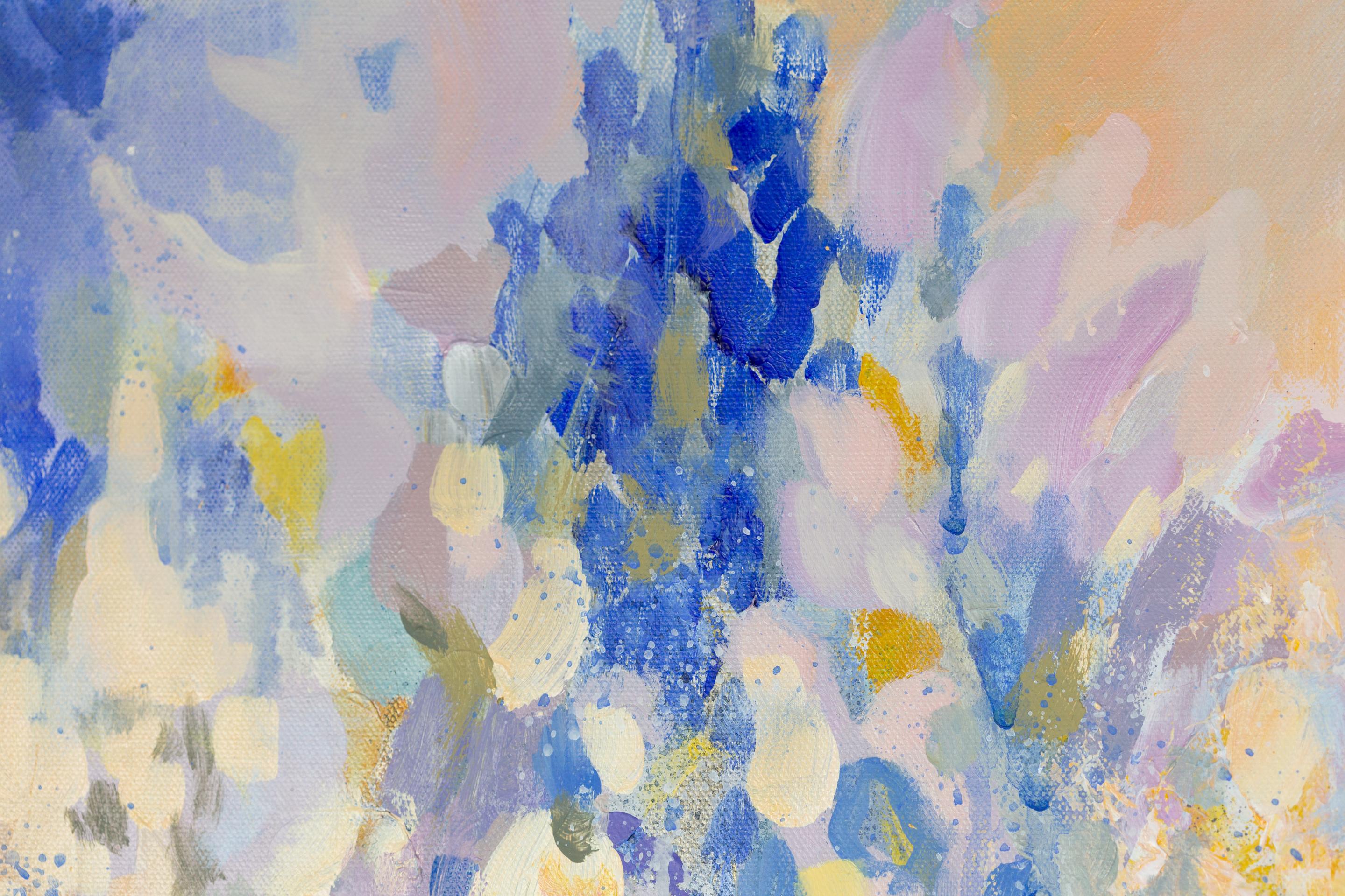 Goldene Chrysanthemen. Blumen, horizontal, großformatig, blau, halb-abstrakt im Angebot 15