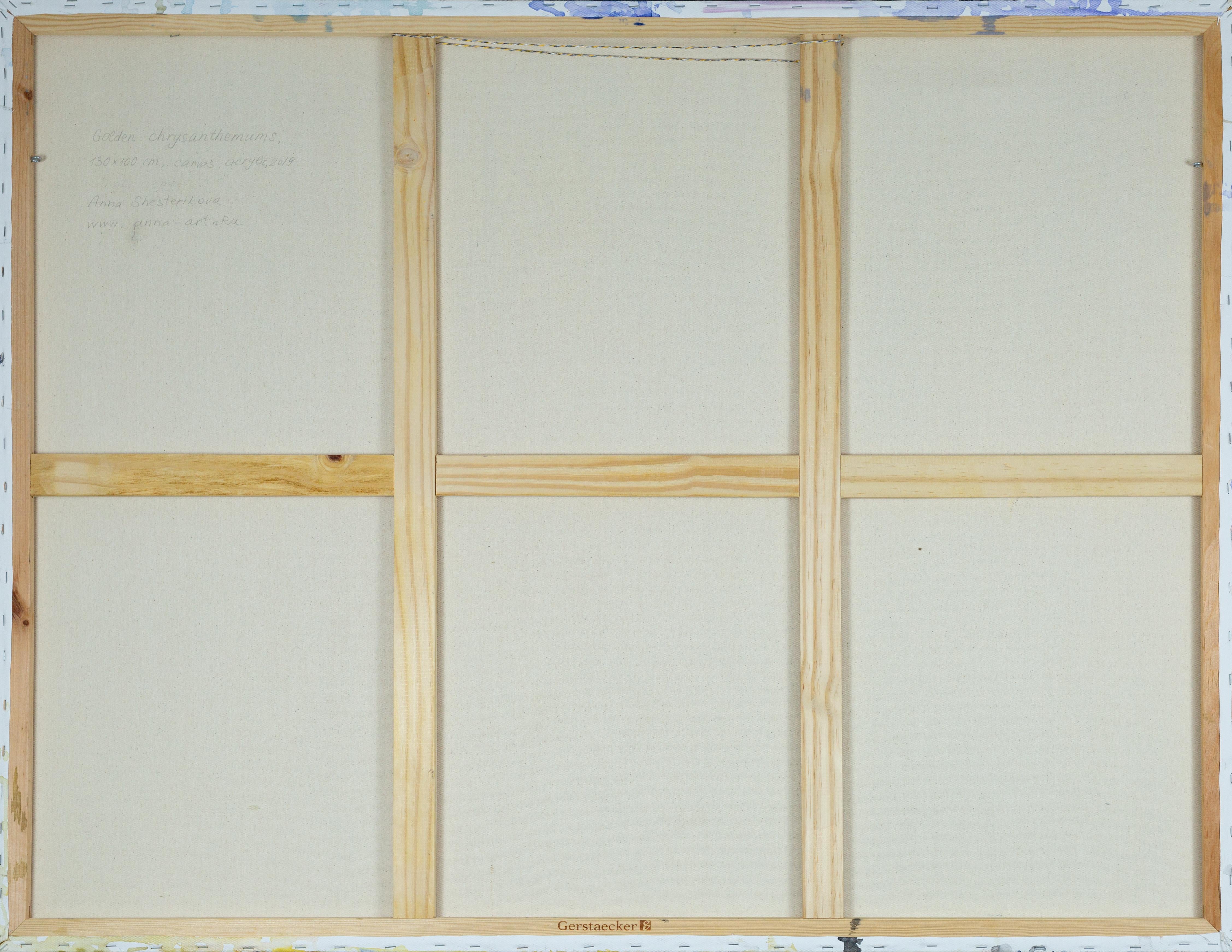 Goldene Chrysanthemen. Blumen, horizontal, großformatig, blau, halb-abstrakt (Abstrakter Impressionismus), Painting, von Anna Shesterikova