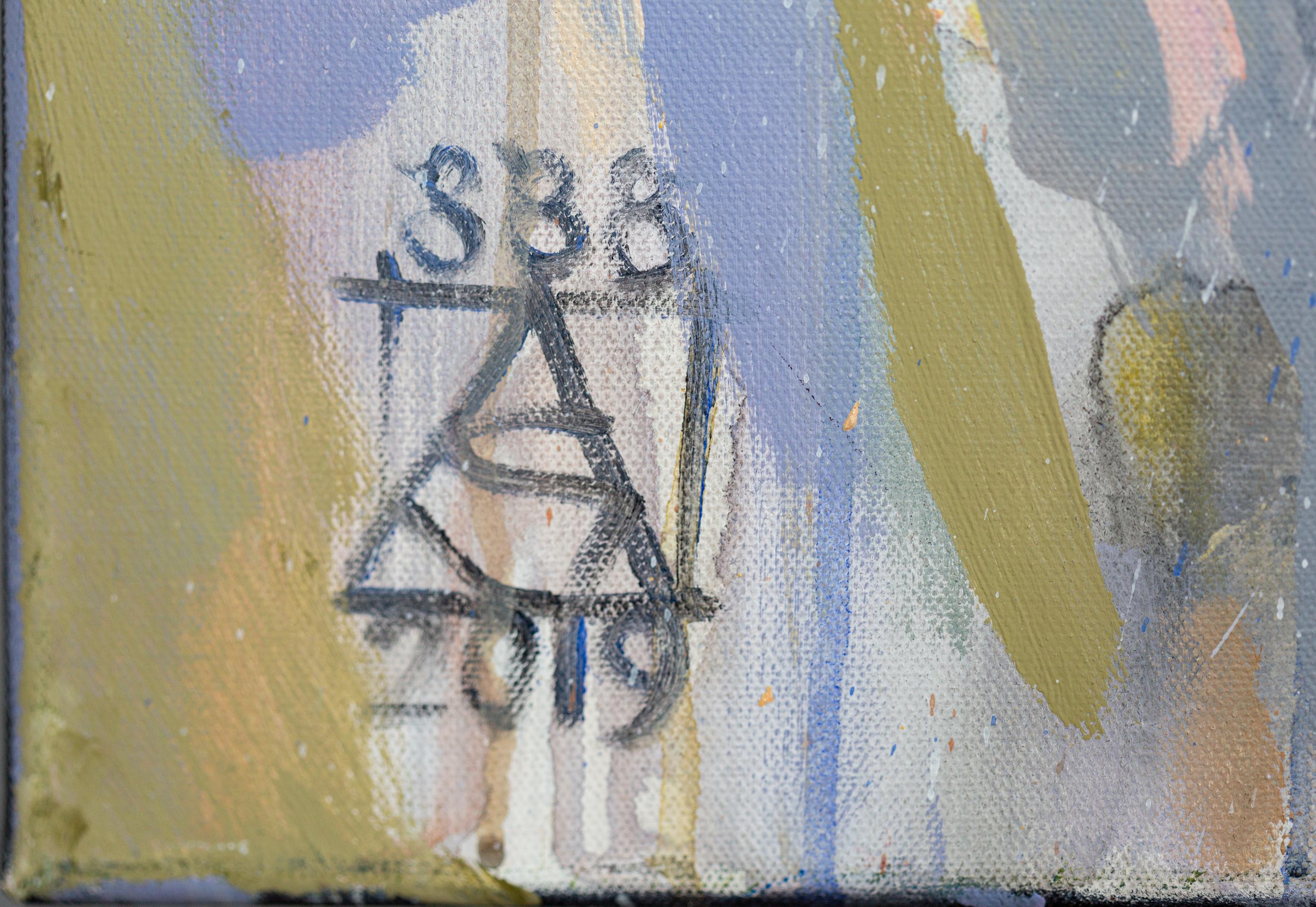 Goldene Chrysanthemen. Blumen, horizontal, großformatig, blau, halb-abstrakt (Grau), Abstract Painting, von Anna Shesterikova