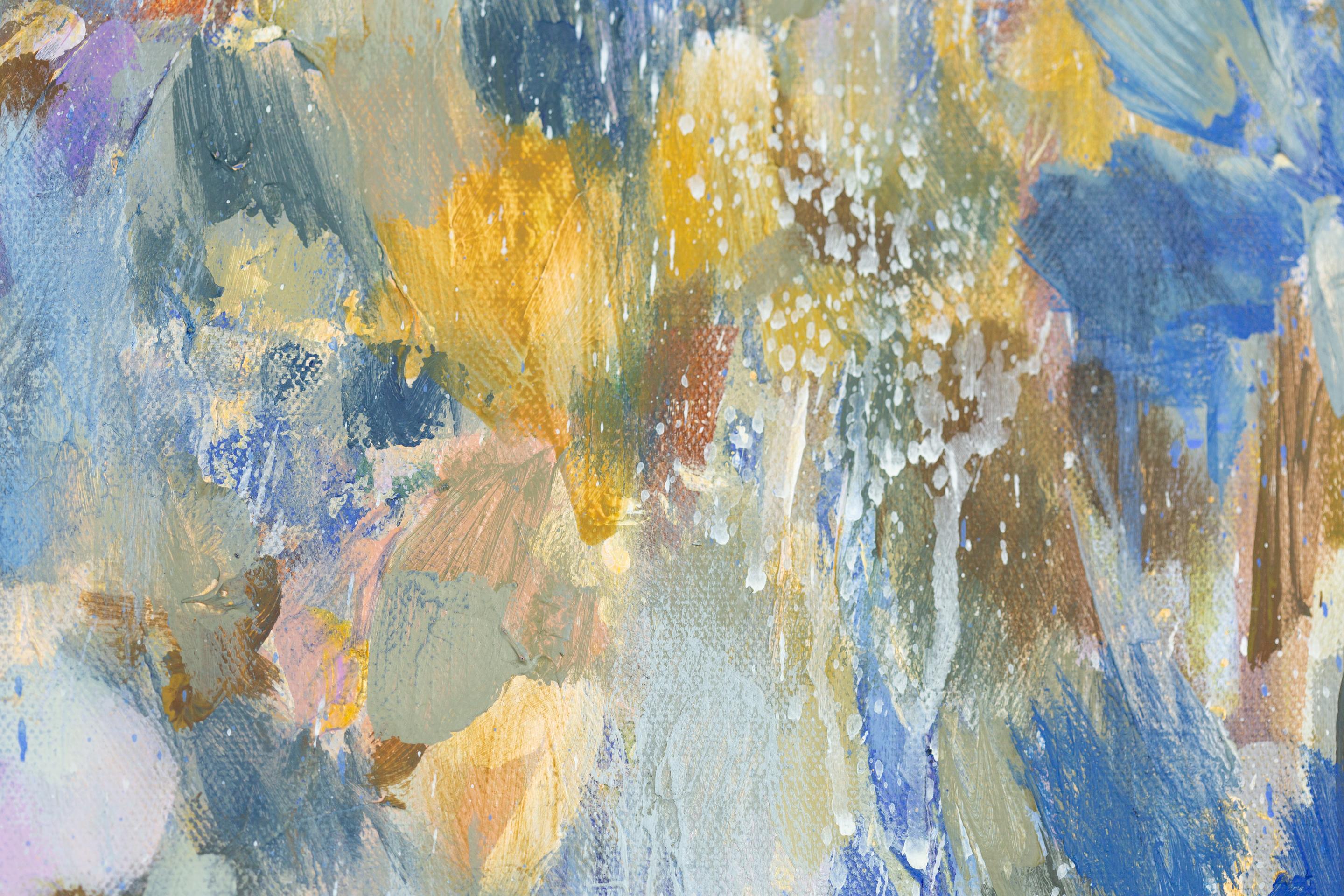 Goldene Chrysanthemen. Blumen, horizontal, großformatig, blau, halb-abstrakt im Angebot 3