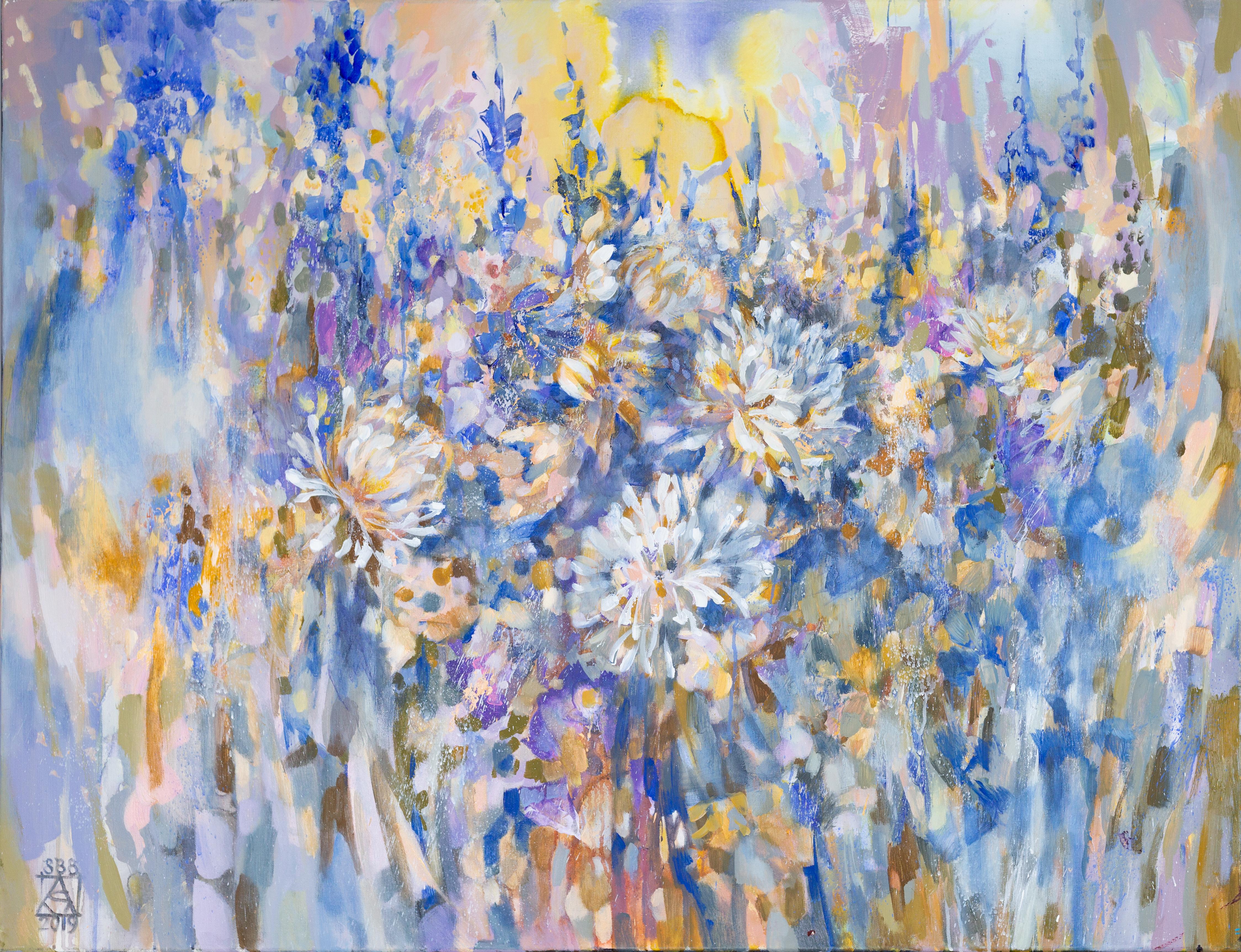 Golden Chrysanthemums. Flowers, horizontal, large format, blue, semi-abstract