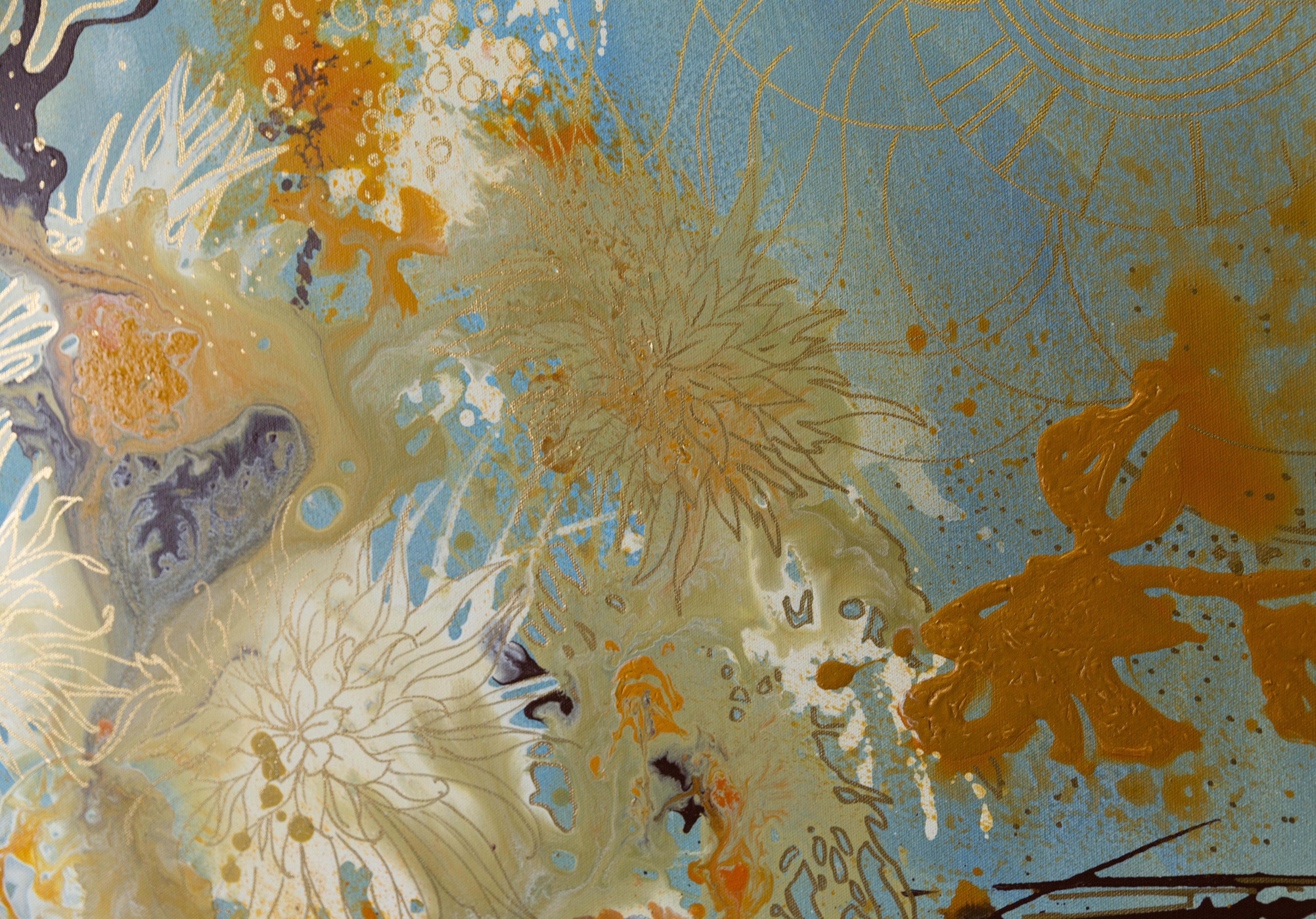 Golden chrysanthemums. Semi-abstract, square, flowers, blue, interior For Sale 5