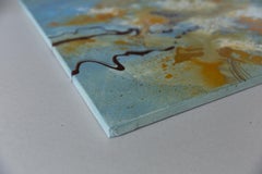 Golden chrysanthemums. Semi-abstract, square, flowers, blue, interior