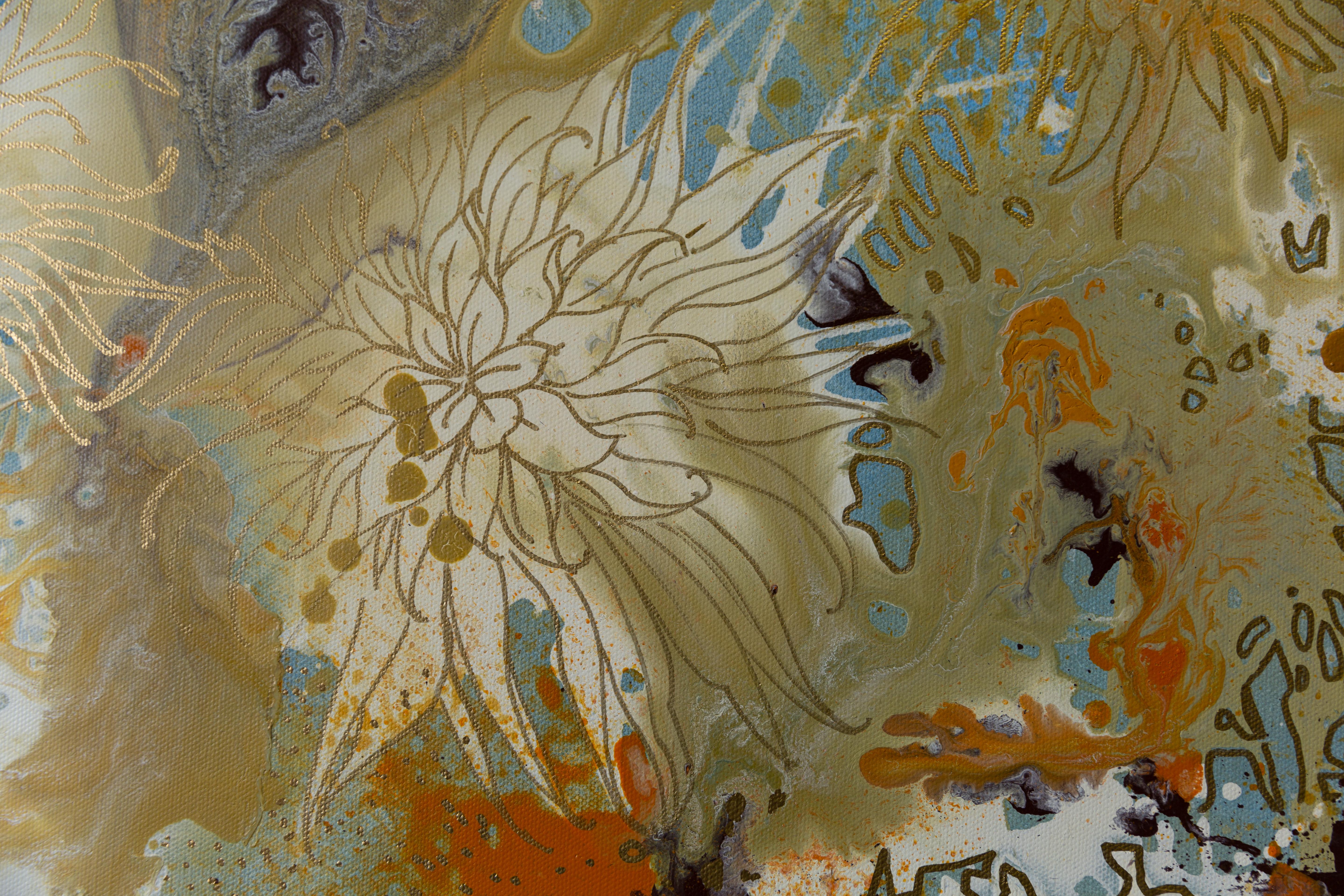 Golden chrysanthemums. Semi-abstract, square, flowers, blue, interior - Gray Abstract Painting by Anna Shesterikova