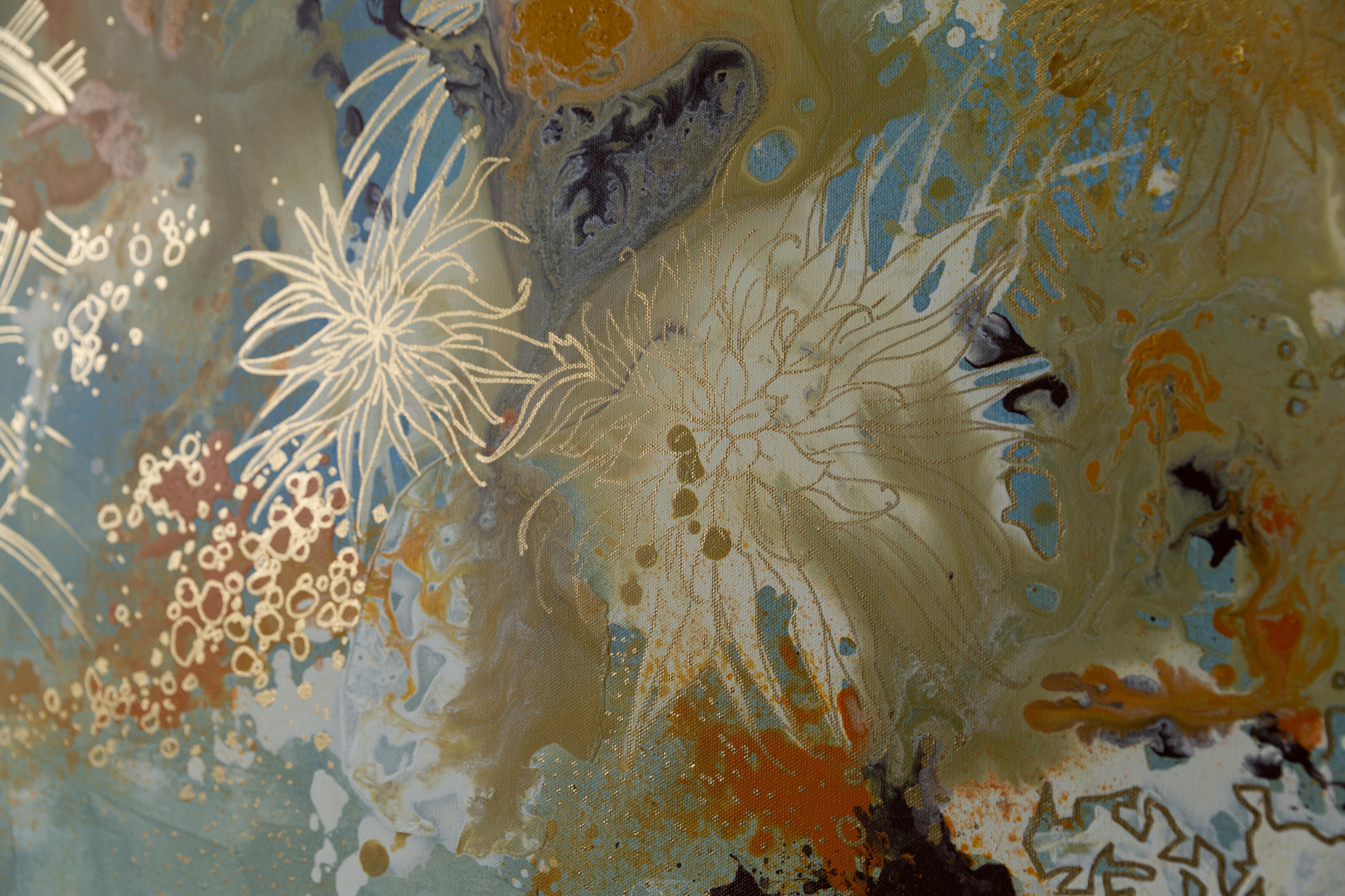 Golden chrysanthemums. Semi-abstract, square, flowers, blue, interior For Sale 1