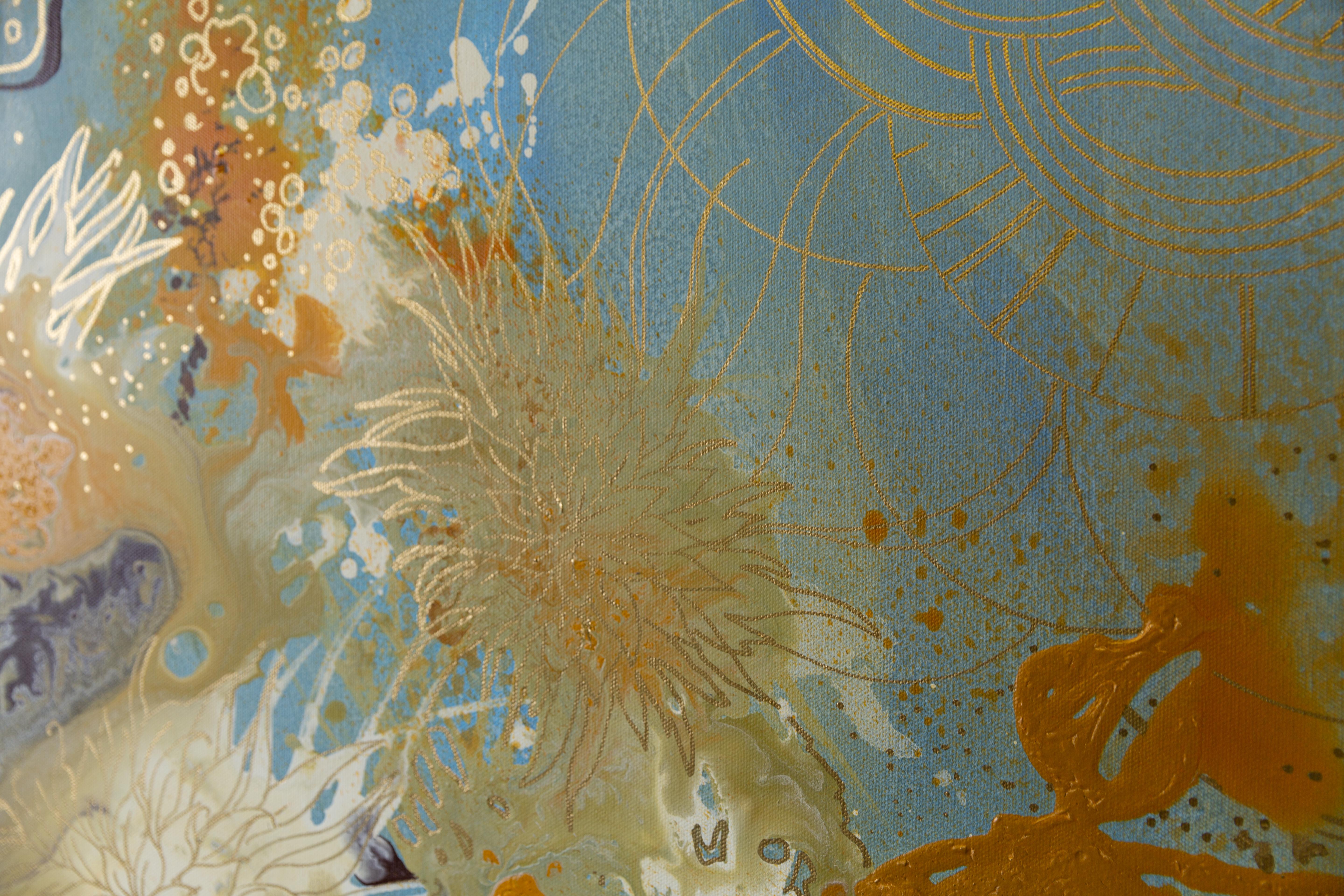 Golden chrysanthemums. Semi-abstract, square, flowers, blue, interior For Sale 2