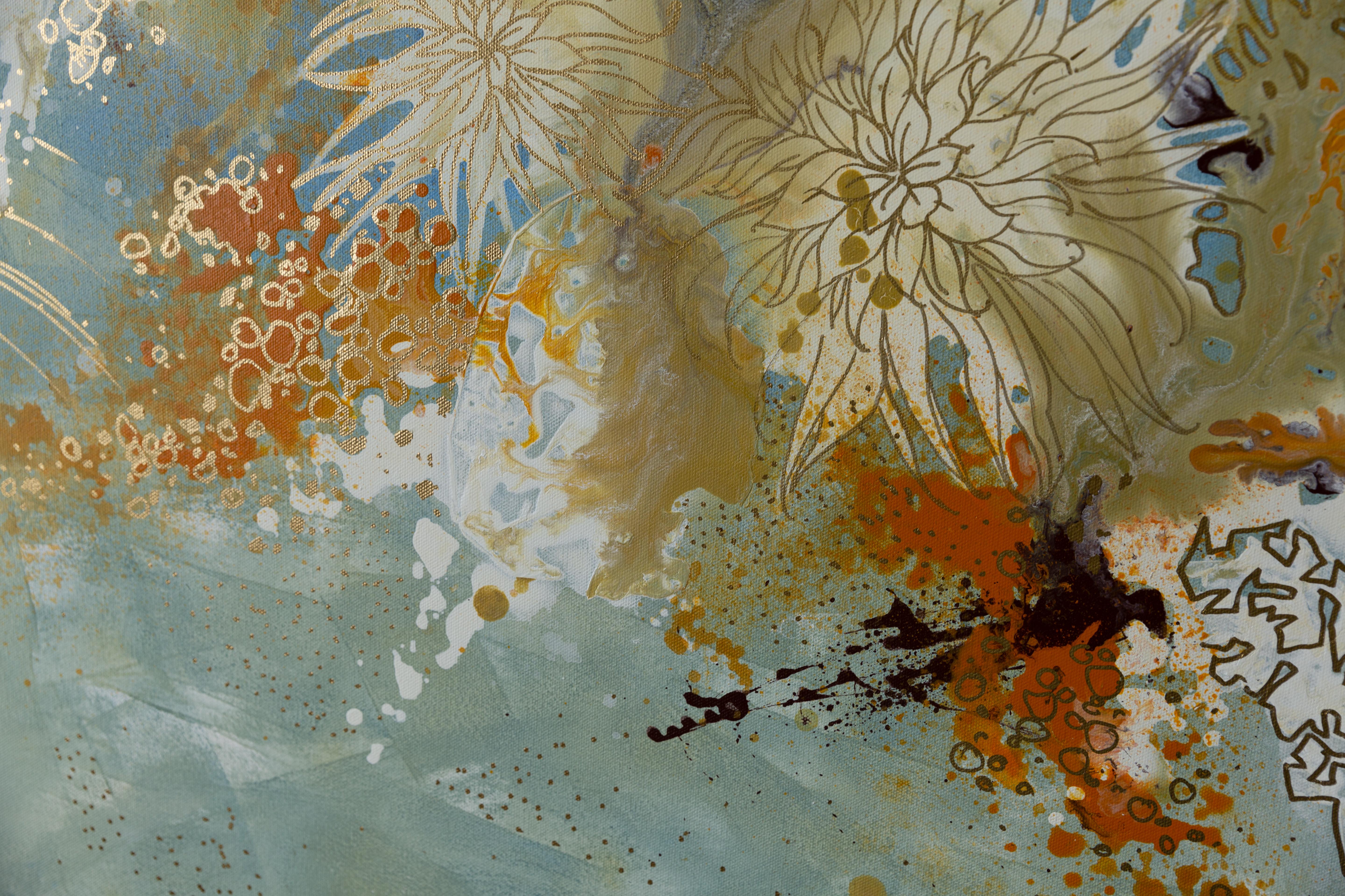 Golden chrysanthemums. Semi-abstract, square, flowers, blue, interior For Sale 4