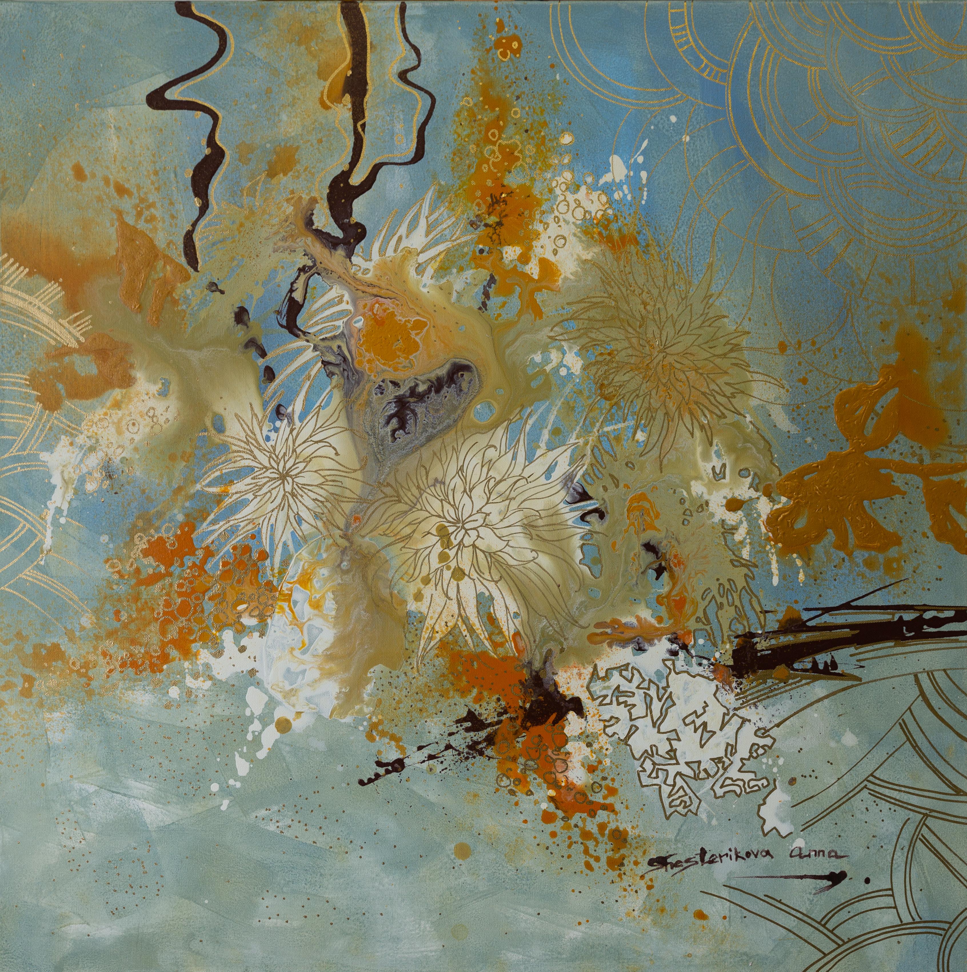 Golden chrysanthemums. Semi-abstract, square, flowers, blue, interior