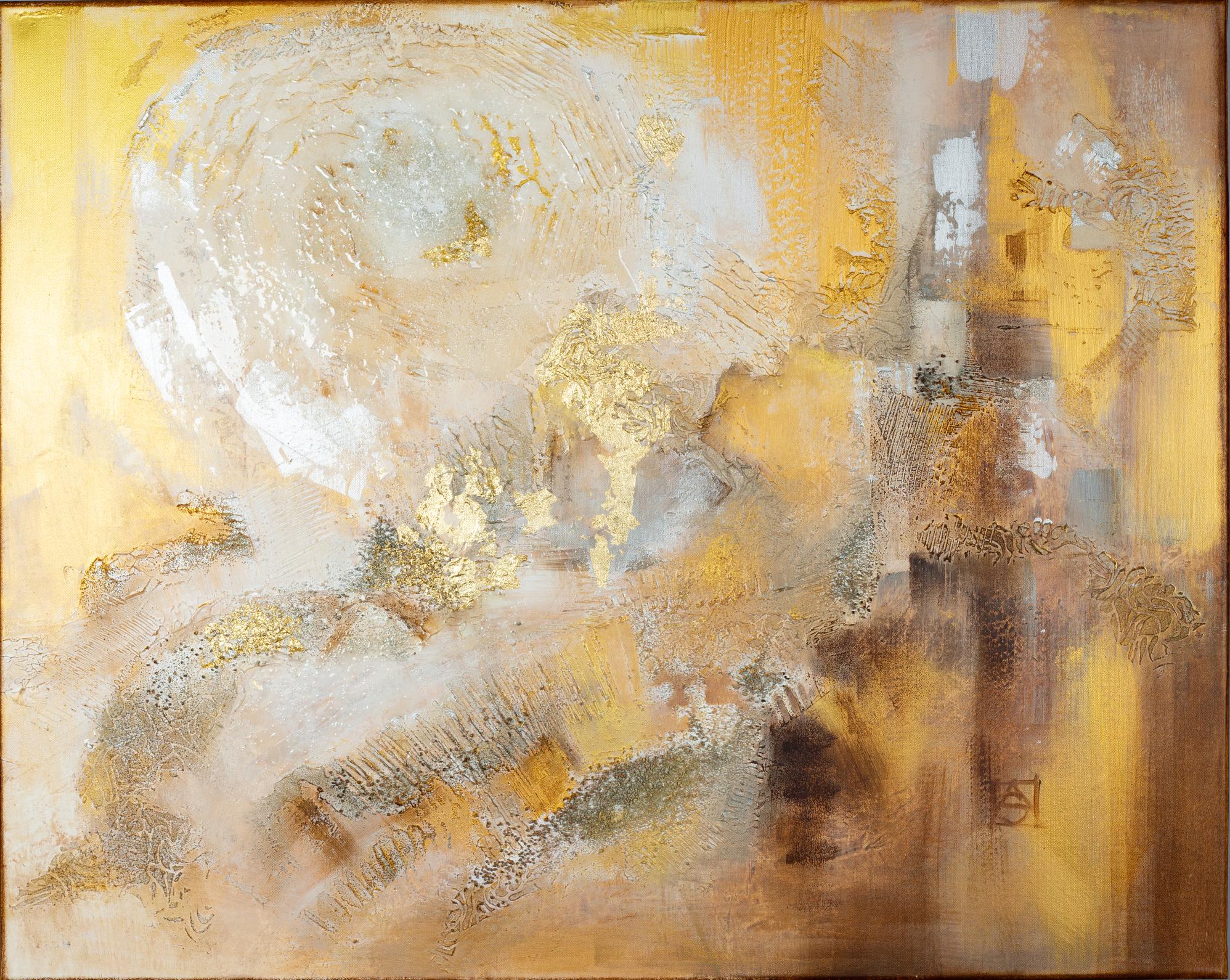 Abstract Painting de Anna Shesterikova - Resplandor Dorado. Horizontal, abstracto, pintura interior, gran formato, dorado, negro