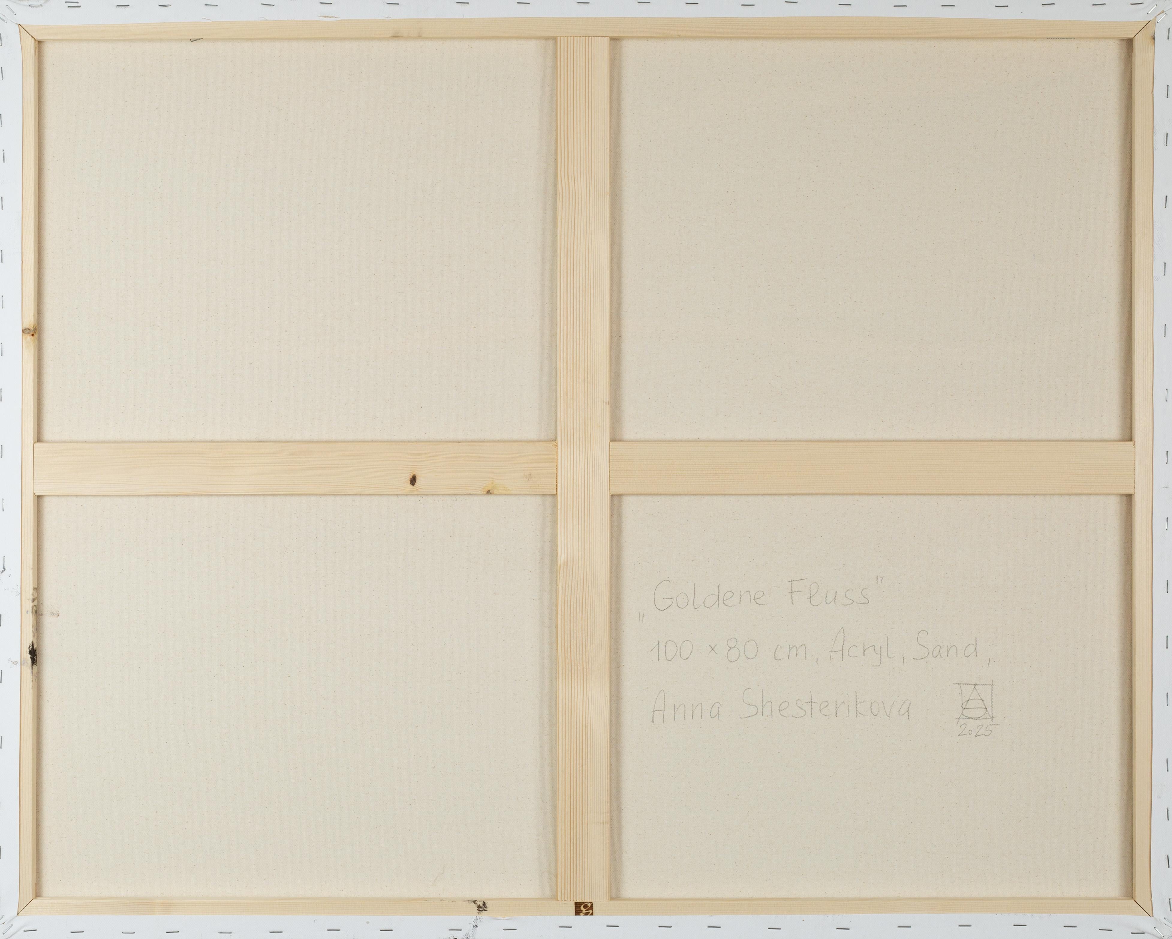 Golden River. Orizzontale, astratto, dipinto per interni, grande formato, oro - Painting Astratto di Anna Shesterikova