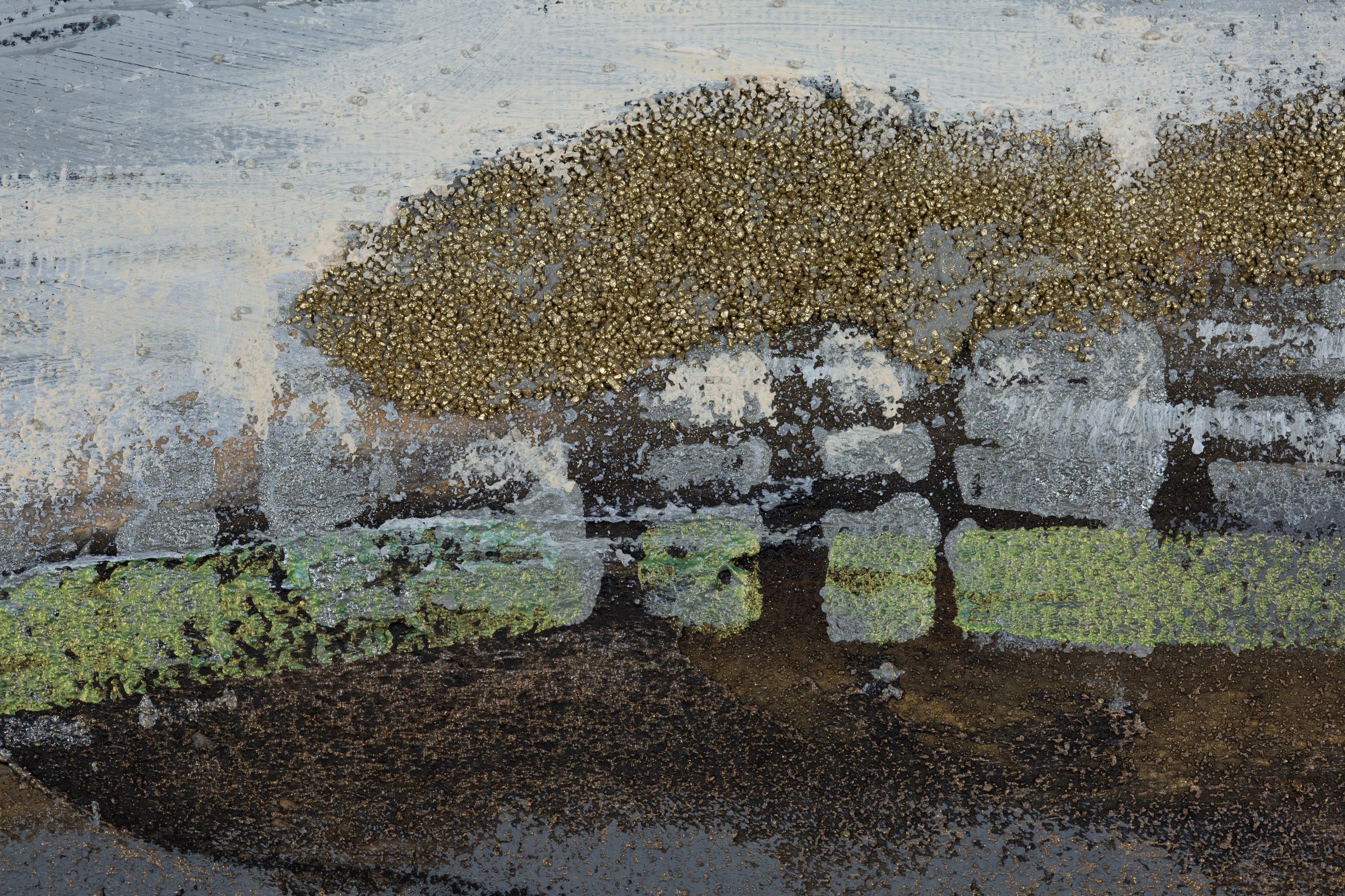 Golden River. Orizzontale, astratto, dipinto per interni, grande formato, oro - Abstract Painting Grigio di Anna Shesterikova