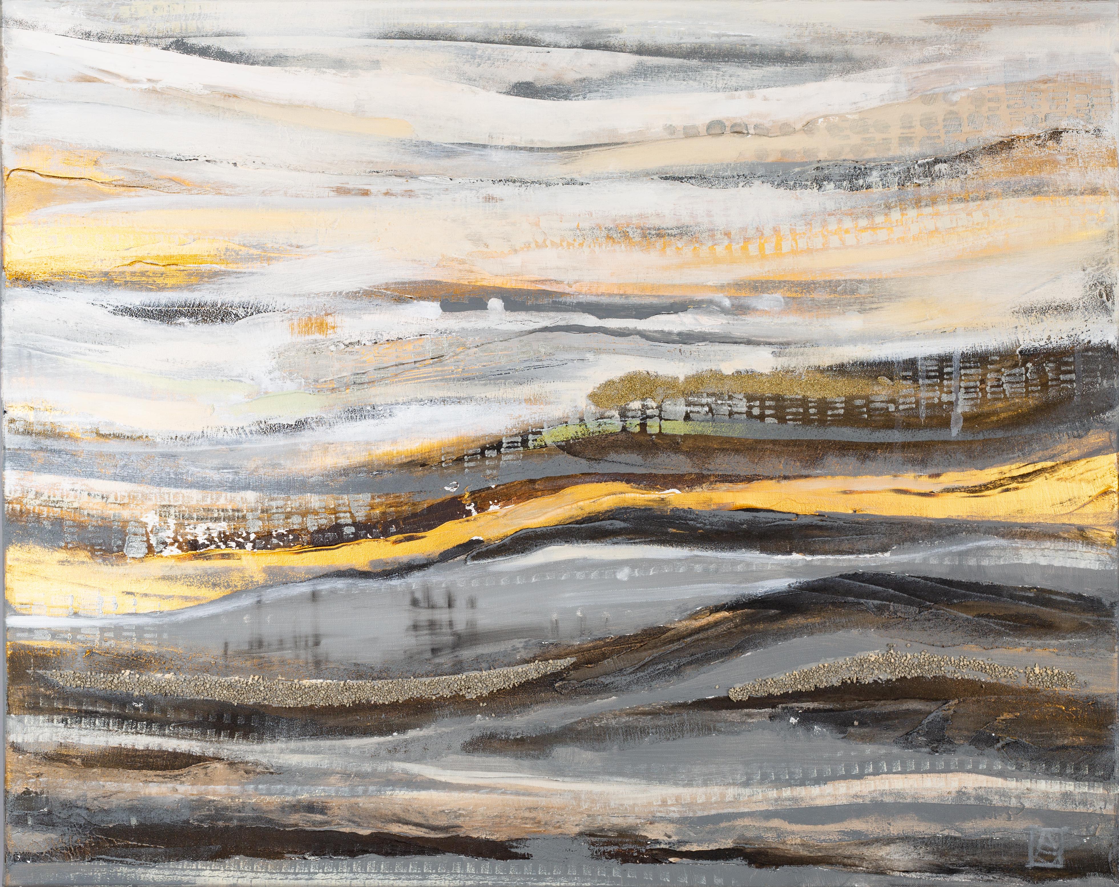Abstract Painting di Anna Shesterikova - Golden River. Orizzontale, astratto, dipinto per interni, grande formato, oro