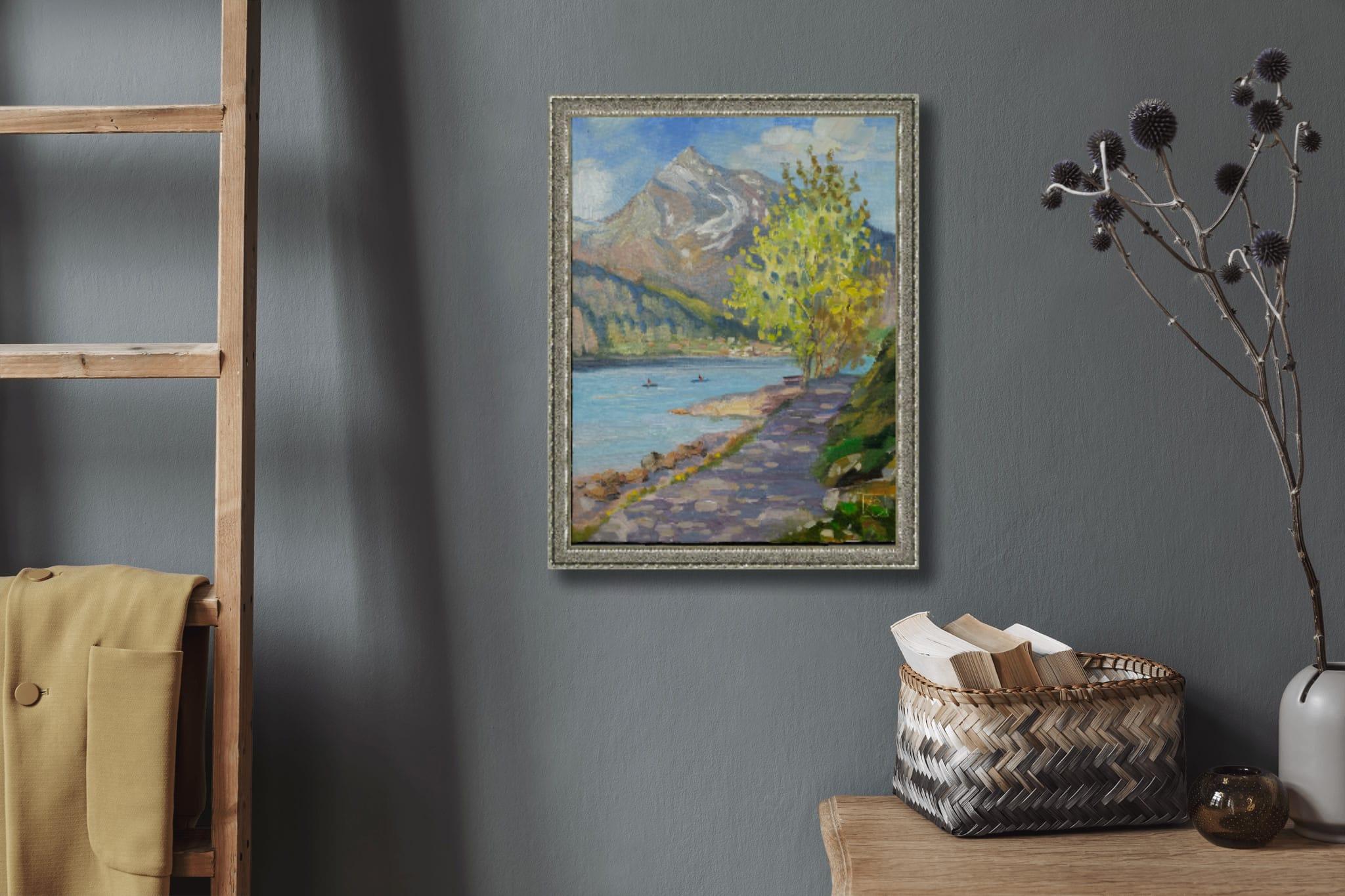 Ferien am Walensee. Landschaft, Natur, See, Frühling, Impressionismus, vertikal – Painting von Anna Shesterikova