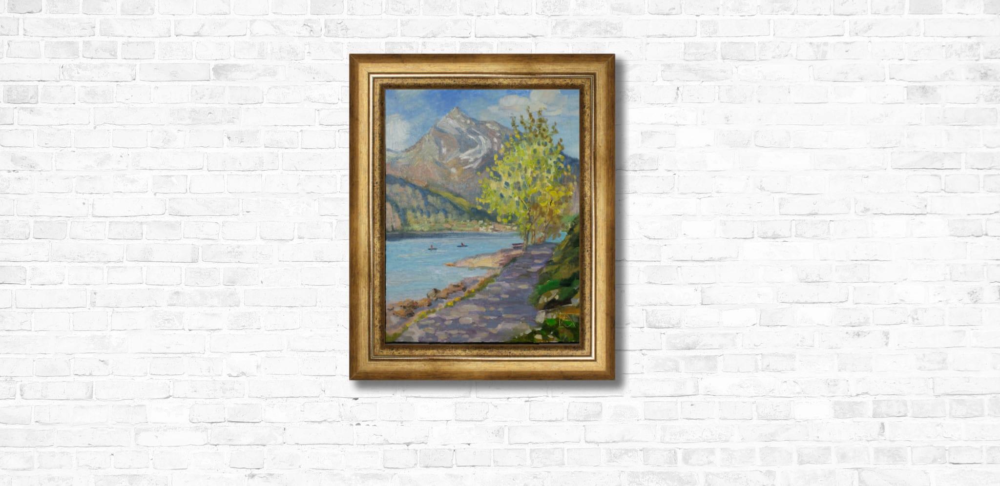 Ferien am Walensee. Landschaft, Natur, See, Frühling, Impressionismus, vertikal (Grau), Interior Painting, von Anna Shesterikova
