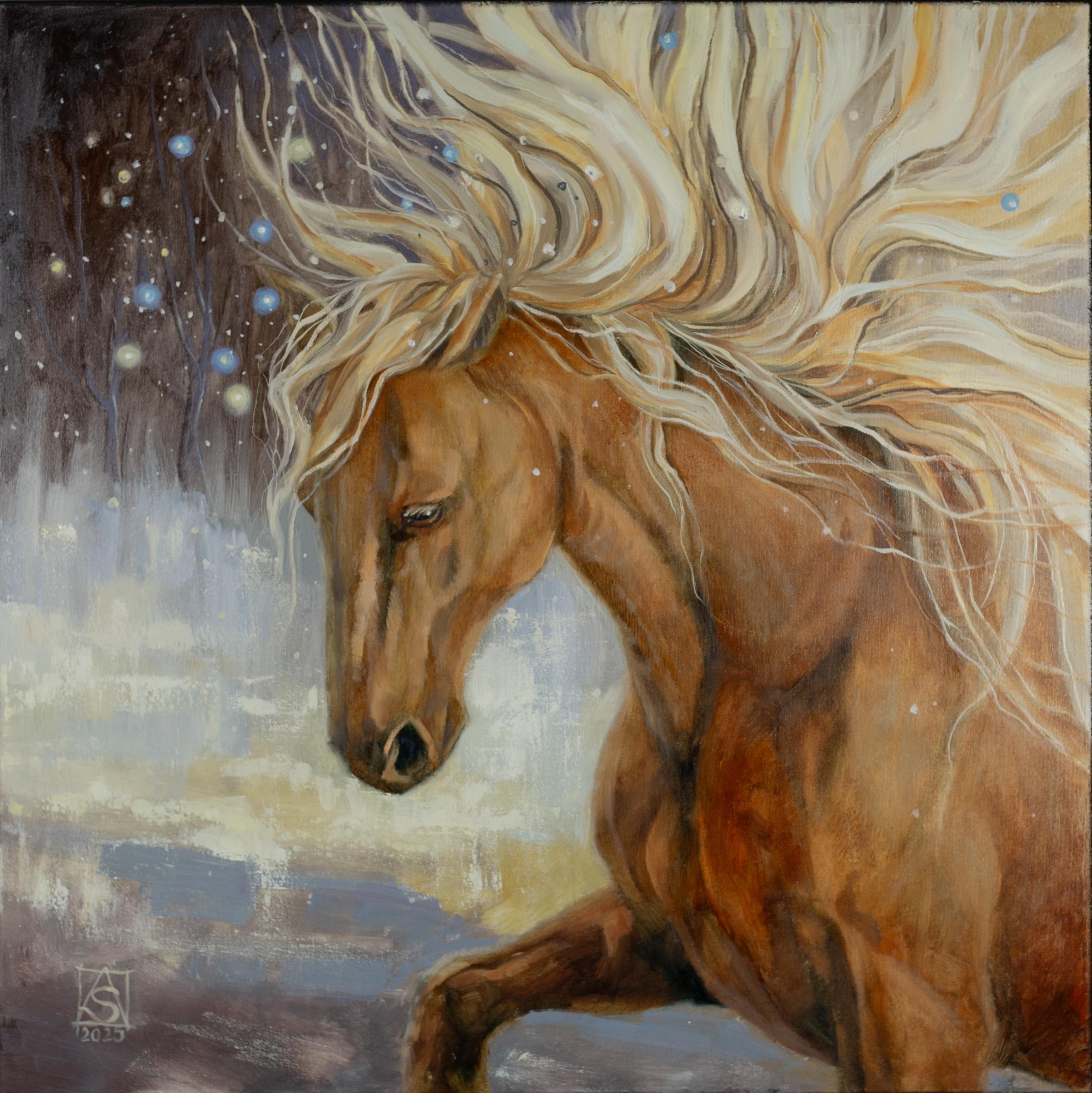 Anna Shesterikova Animal Painting - Horse. "Dreams" Series. Animal, Japandi, oil painting, Square