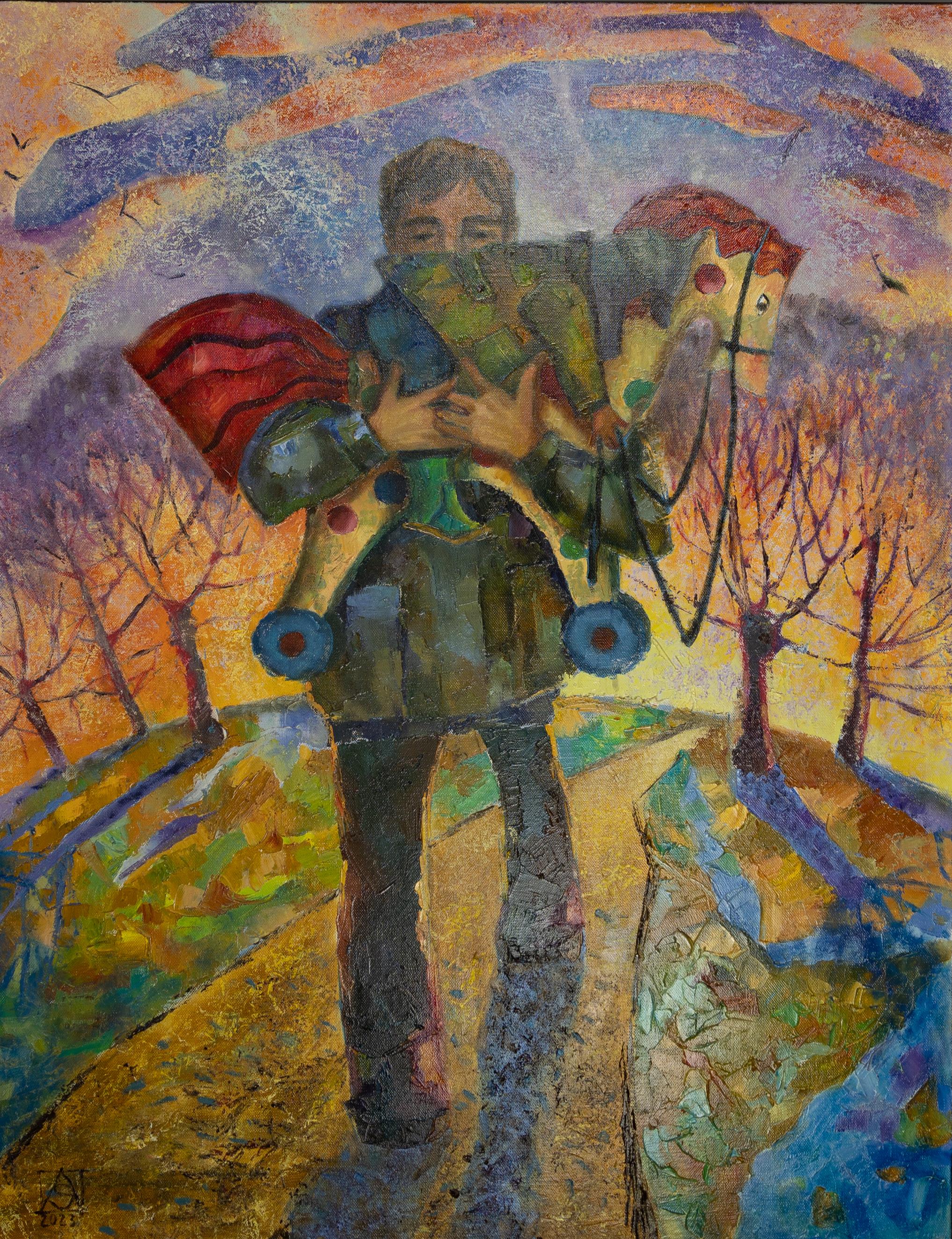 Anna Shesterikova Figurative Painting - Horse. Oil painting, figurative, vertical, about God, father, child.