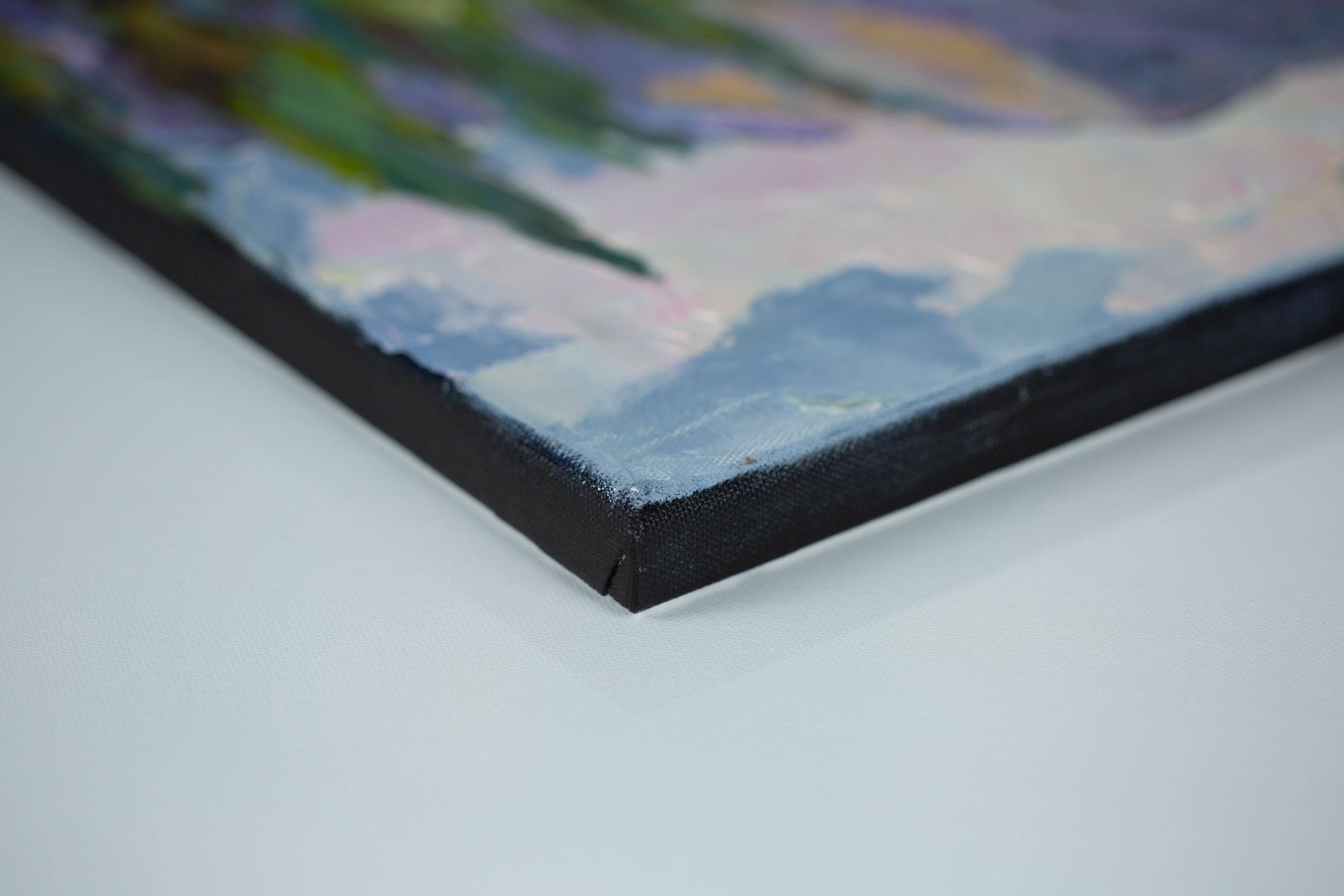 Ecurie pour chevaux. Horizontal, nature, montagnes, paysage, Suisse - Gris Landscape Painting par Anna Shesterikova