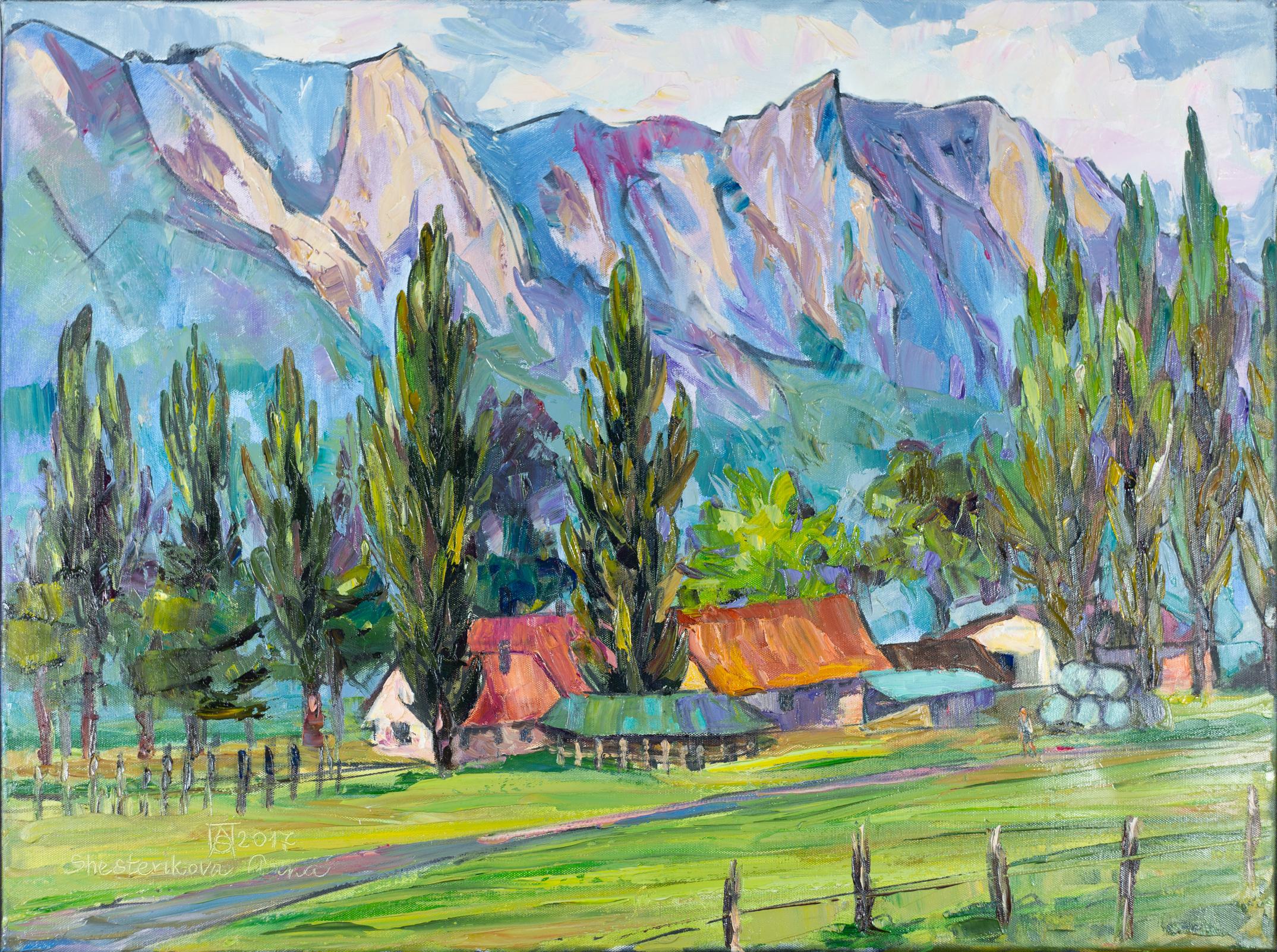 Anna Shesterikova Landscape Painting - Horse stable. Horizontal, Swiss mountains, landscape painting, impressionism