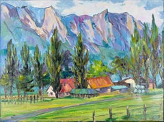 Horse stable. Horizontal, Swiss mountains, landscape painting, impressionism