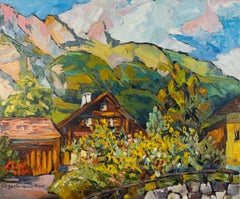 "Haus mit Sonnenblumen", Herbst, Öl, Landschaftsmalerei, Berge, Alpen