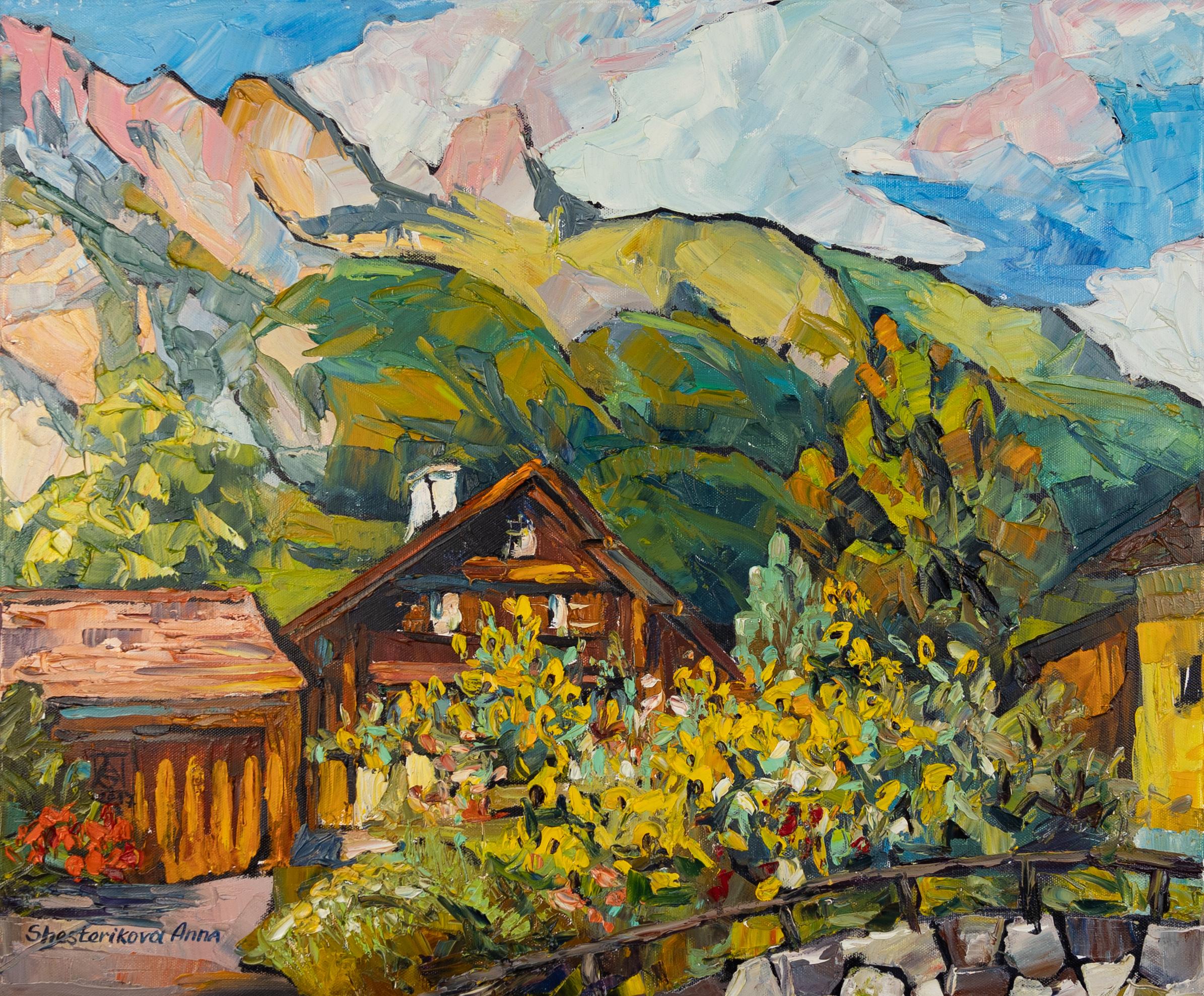 "This painting was painted en plein air in the mountain Swiss village of Salez." said Anna about this landscape painting.   "I was inspired by the incredible yellow flowers growing in front of a typical village house. The high blue mountains create