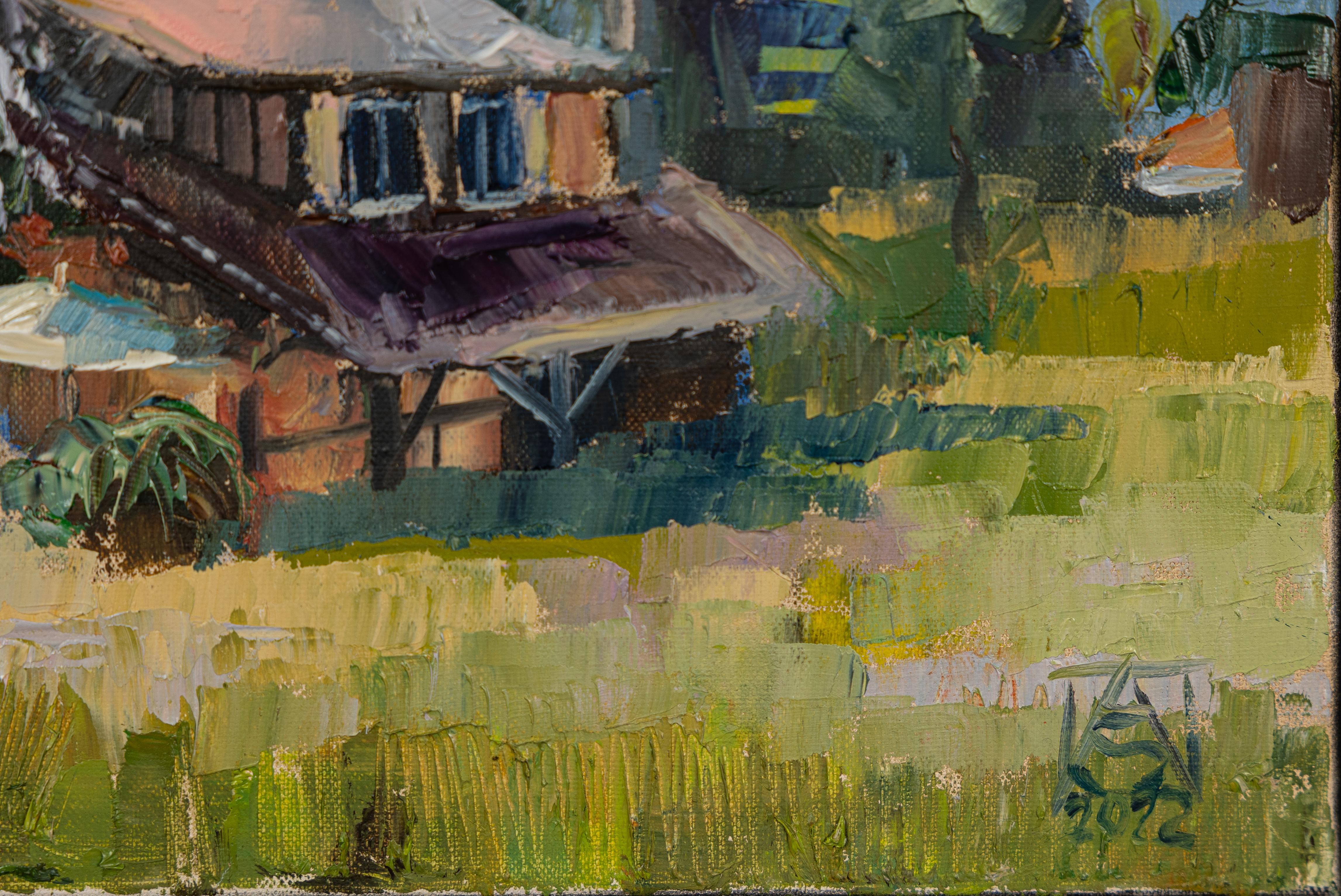 La casa con il tetto rosa. Paesaggio ad olio, foresta, montagne, casa. - Landscape Painting Grigio di Anna Shesterikova