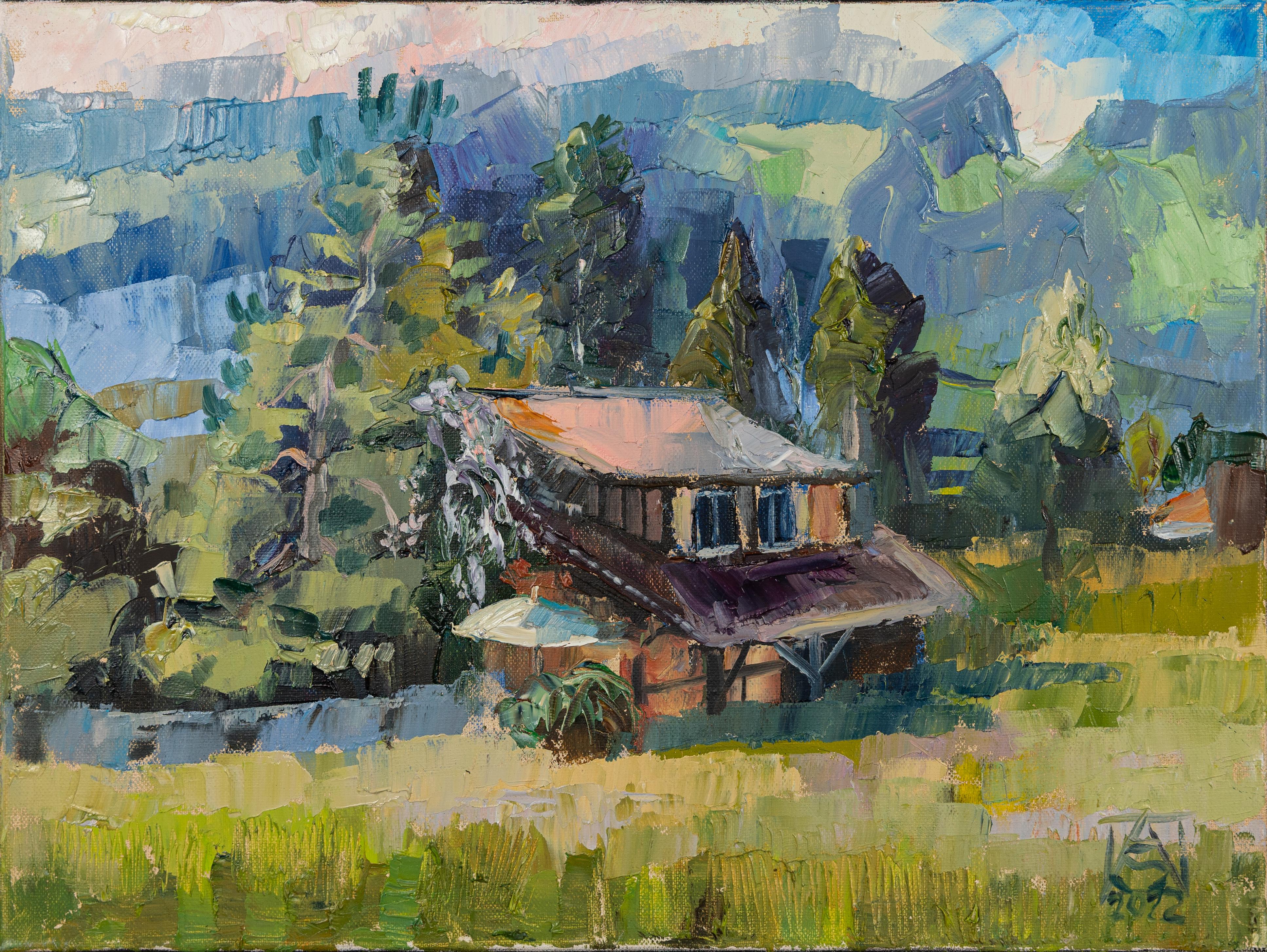 House With The Pink Roof. Landscape in oil, Forest, mountains, house.