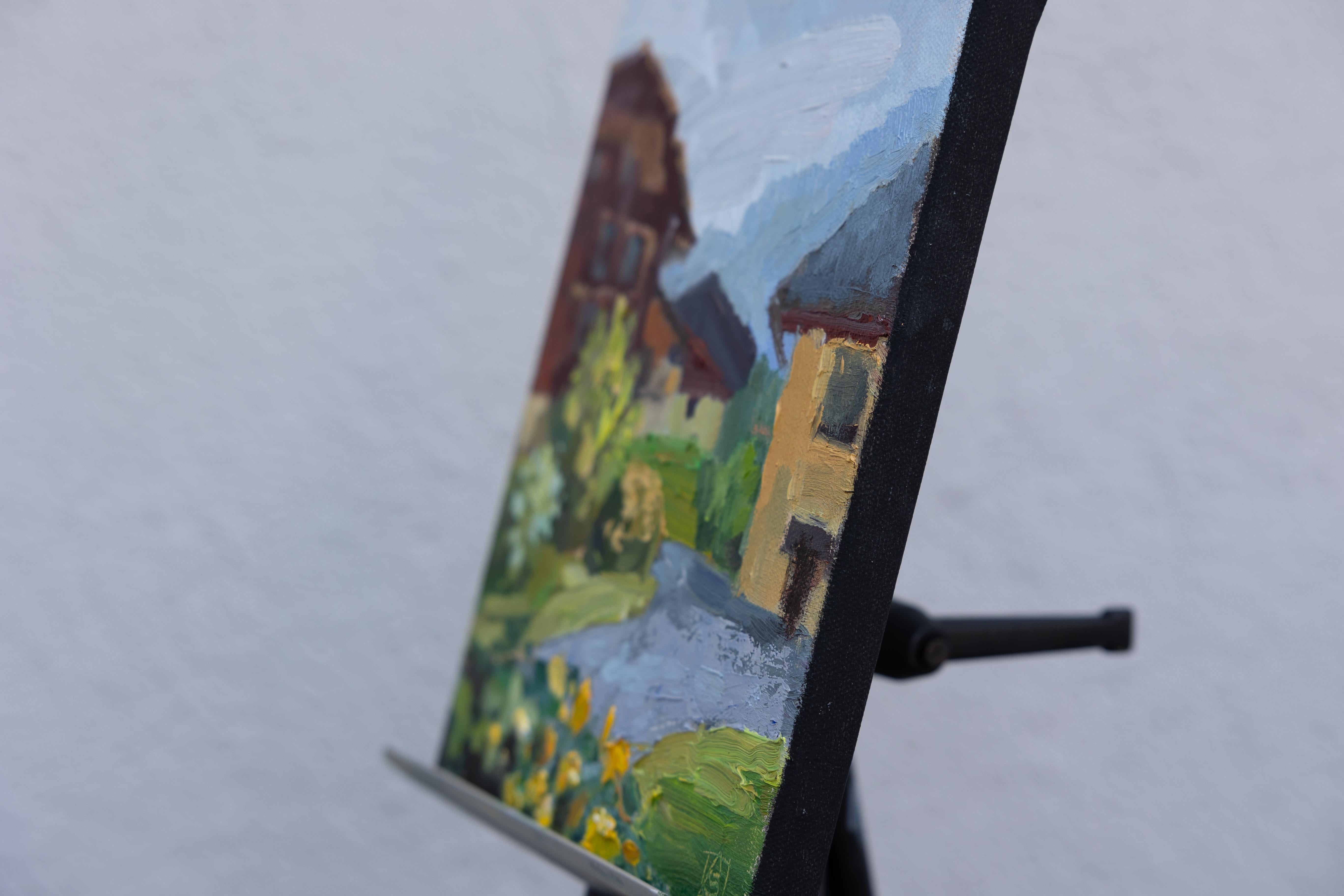 Houses of Bendern. Landscape, impressionism, vertical, oil, town, Liechtenstein - Painting by Anna Shesterikova