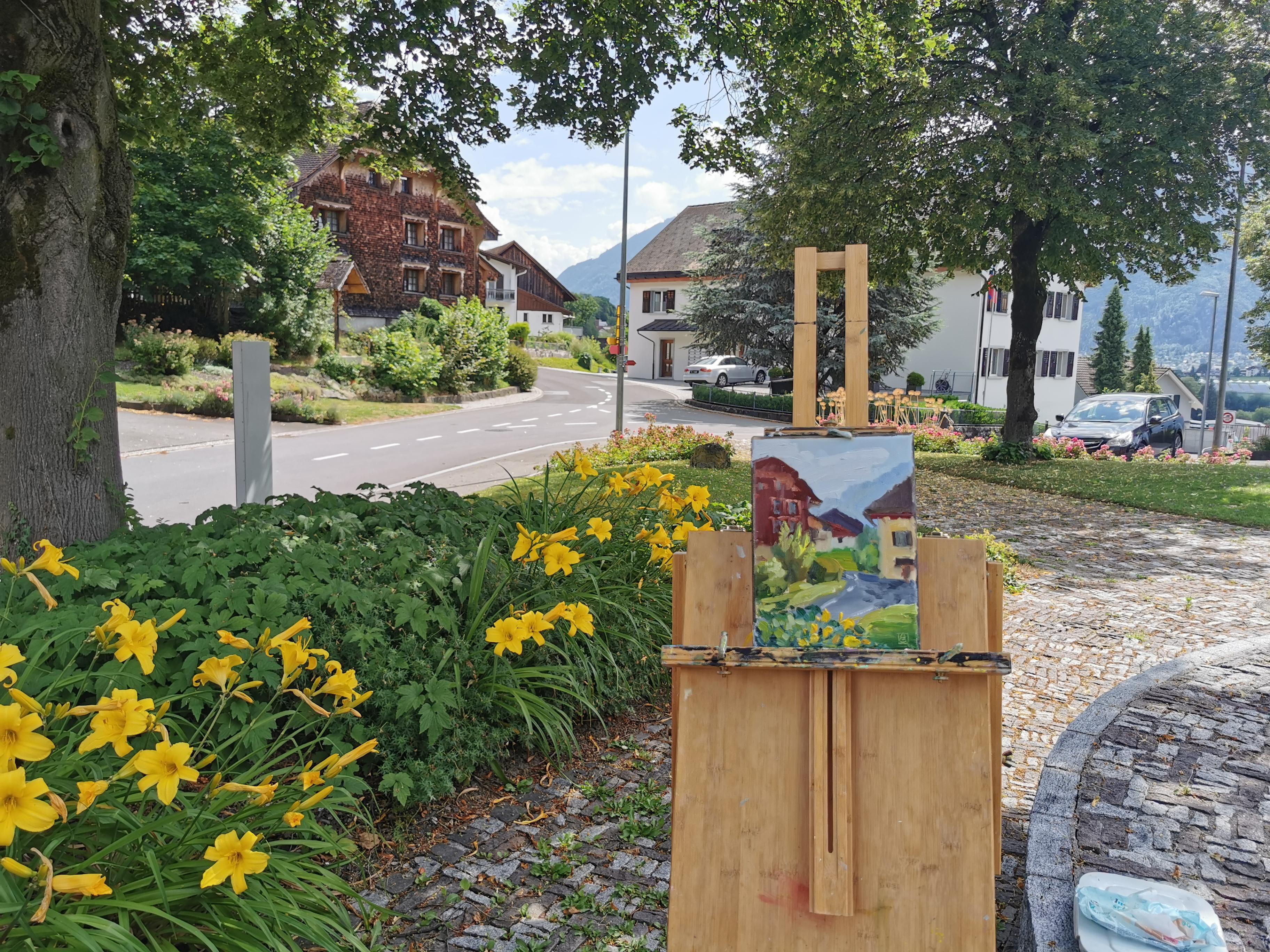 Houses of Bendern. Landscape, impressionism, vertical, oil, town, Liechtenstein For Sale 1